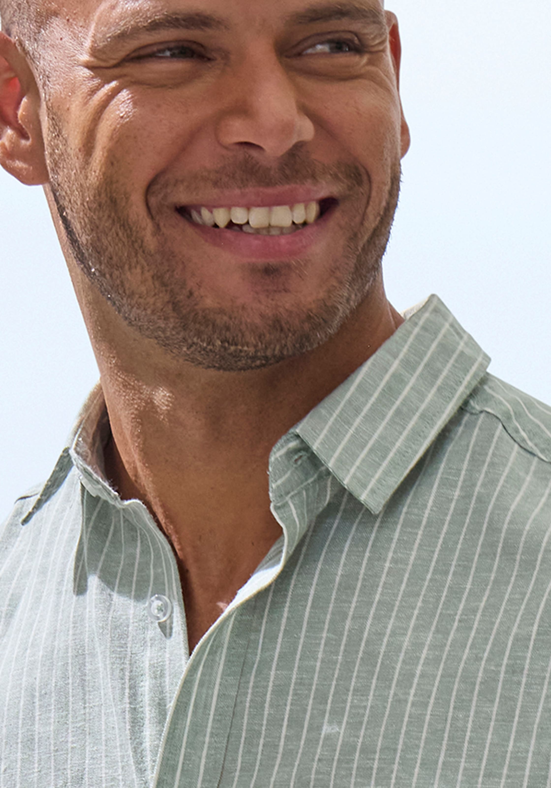 John Devin Kurzarmhemd »in Leinenoptik,«, Streifenhemd aus reiner Baumwolle, regular-fit