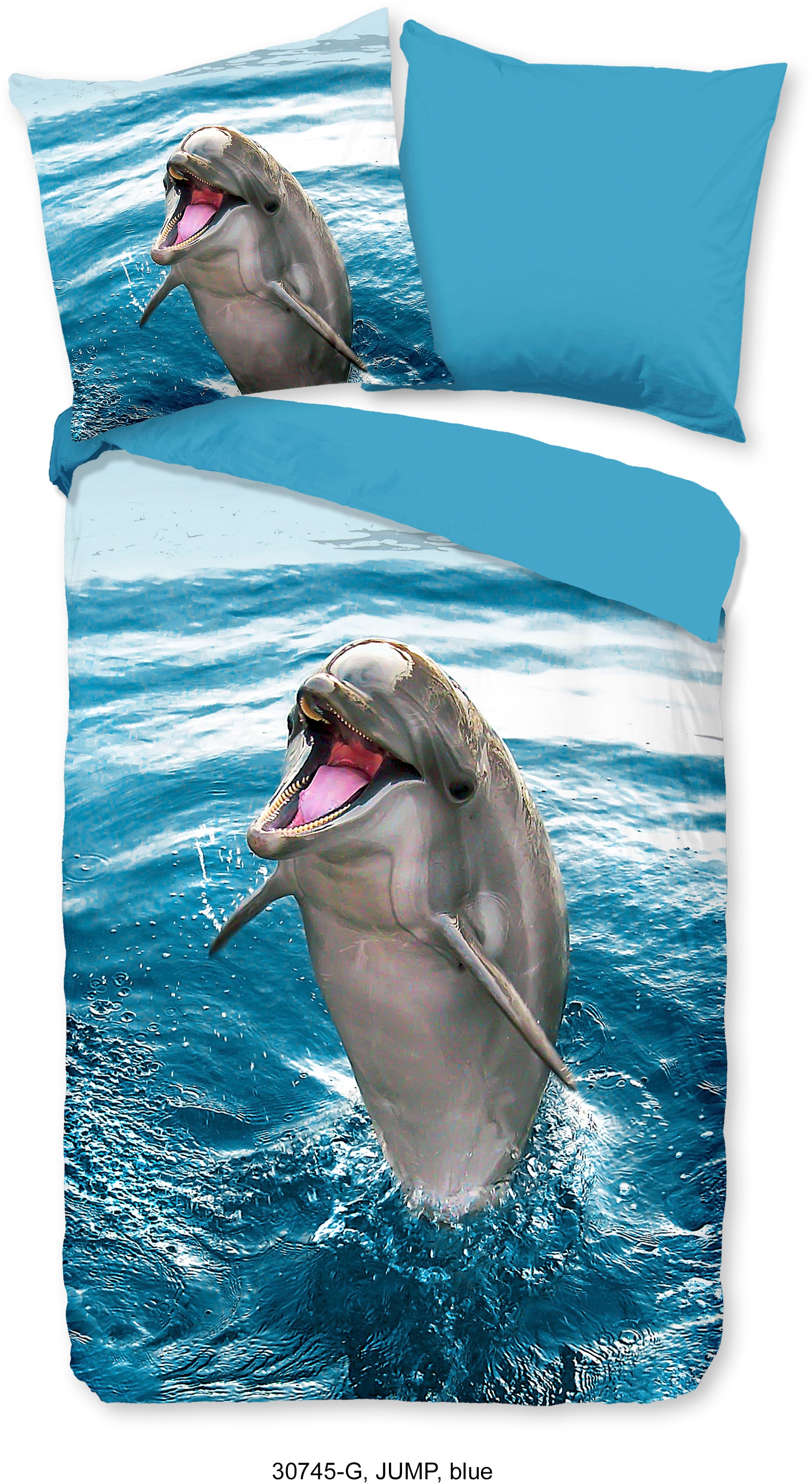 good morning Kinderbettwäsche »Jump«, 100% Baumwolle, 135x200, Reissverschluss, Wendeoptik, Kind, Delfin Blau