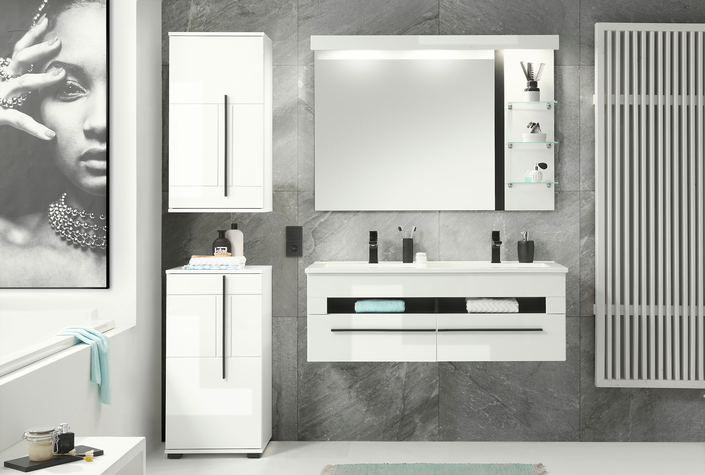 INOSIGN Unterschrank »Cantara, Badschrank in Hochglanz Weiss, Schrank im modernen Design«, mit schwarzen Griffen, ausreichend Stauraum