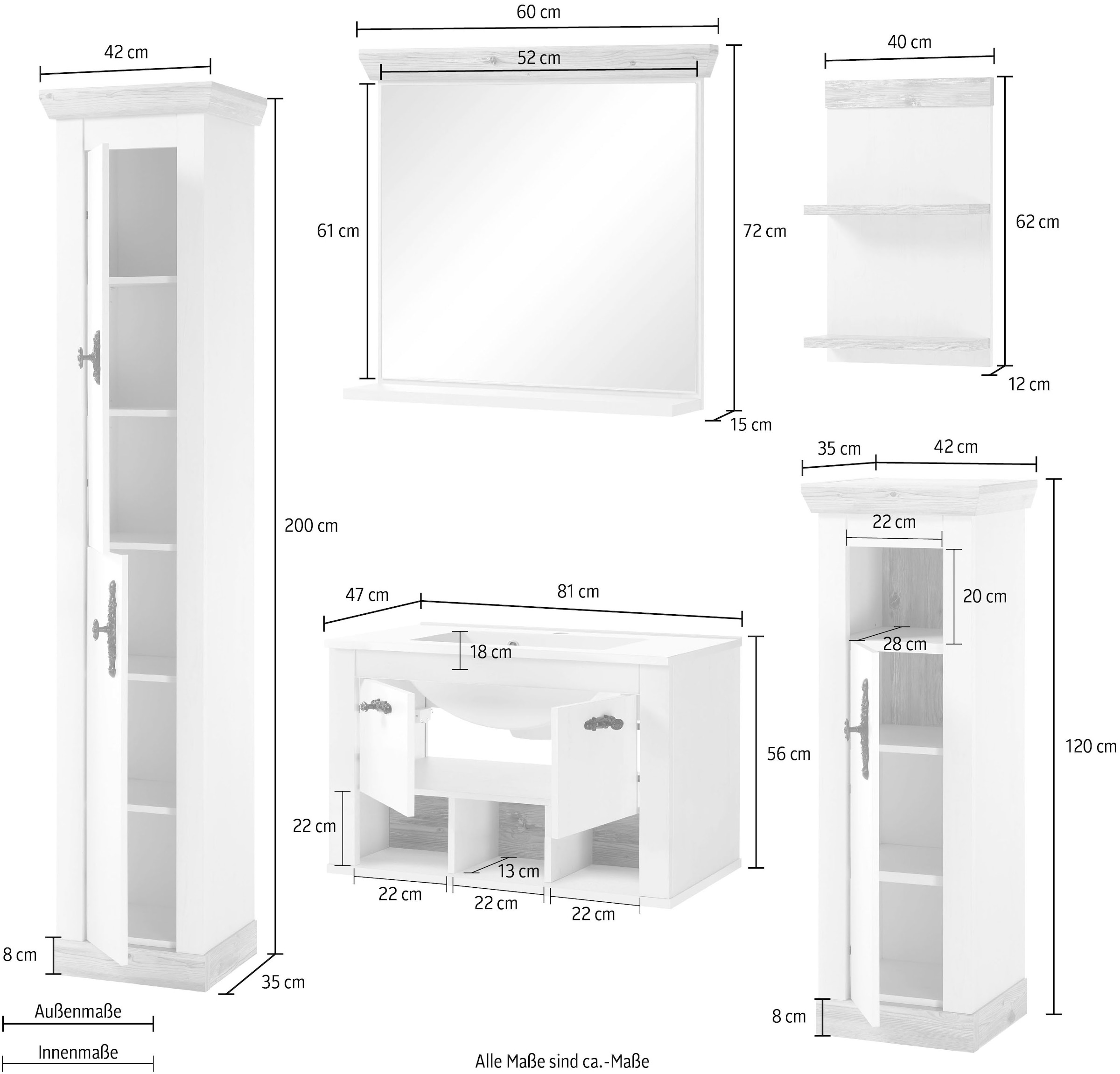 Home affaire Badmöbel-Set »Florenz, Bad im Landhausstil, 5-teiliges Badezimmer«, (5 St.), Hänge-Waschtisch, Schränke, Wandboard und Spiegel, in Pinie Weiss