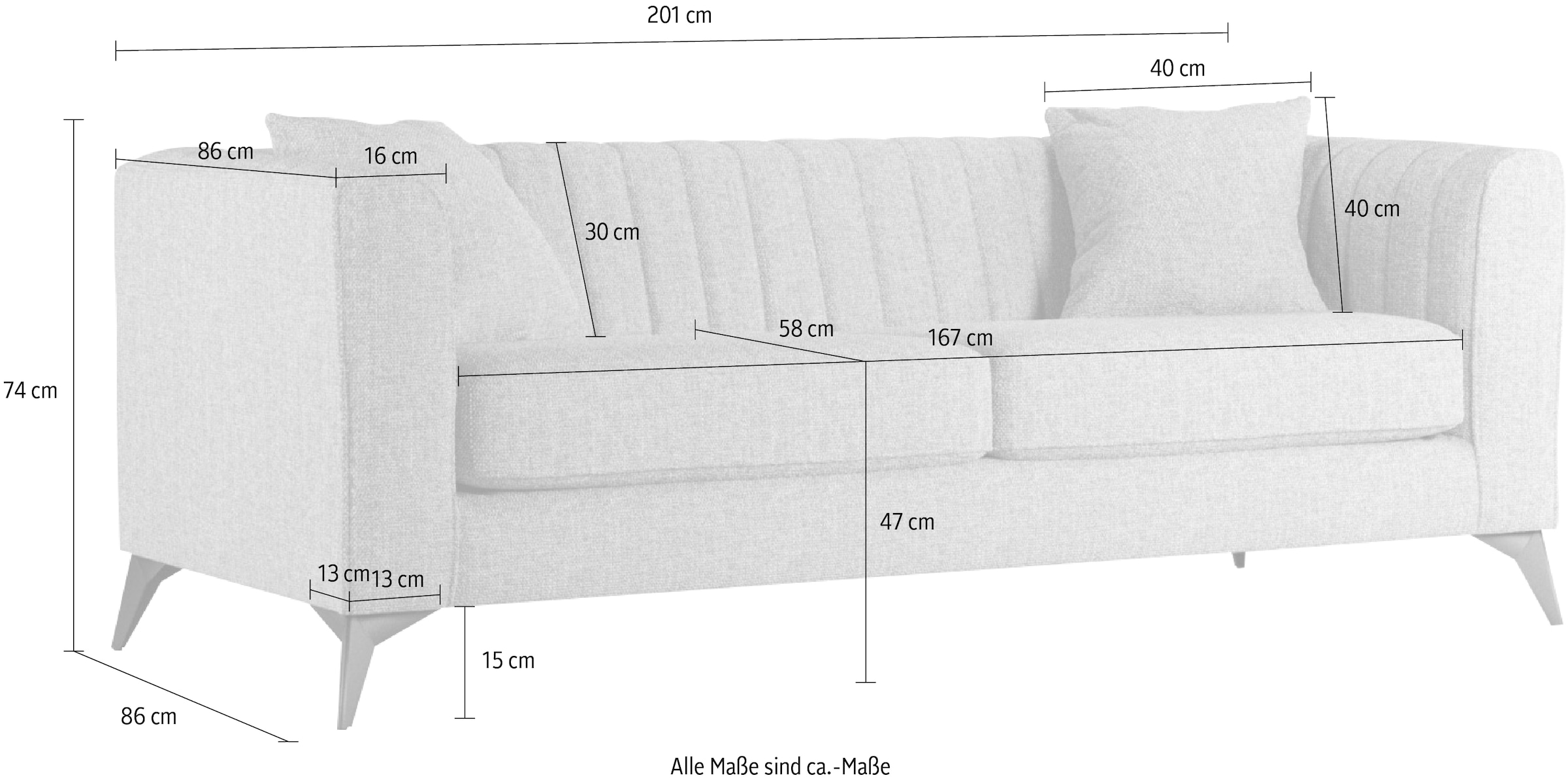 Places of Style 3-Sitzer »MATTHEW elegantes Designsofa, Masse B/T/H: 201/86/74 cm«, feine Steppung im Rückenbereich, lose Sitzkissen, incl. Zierkissen