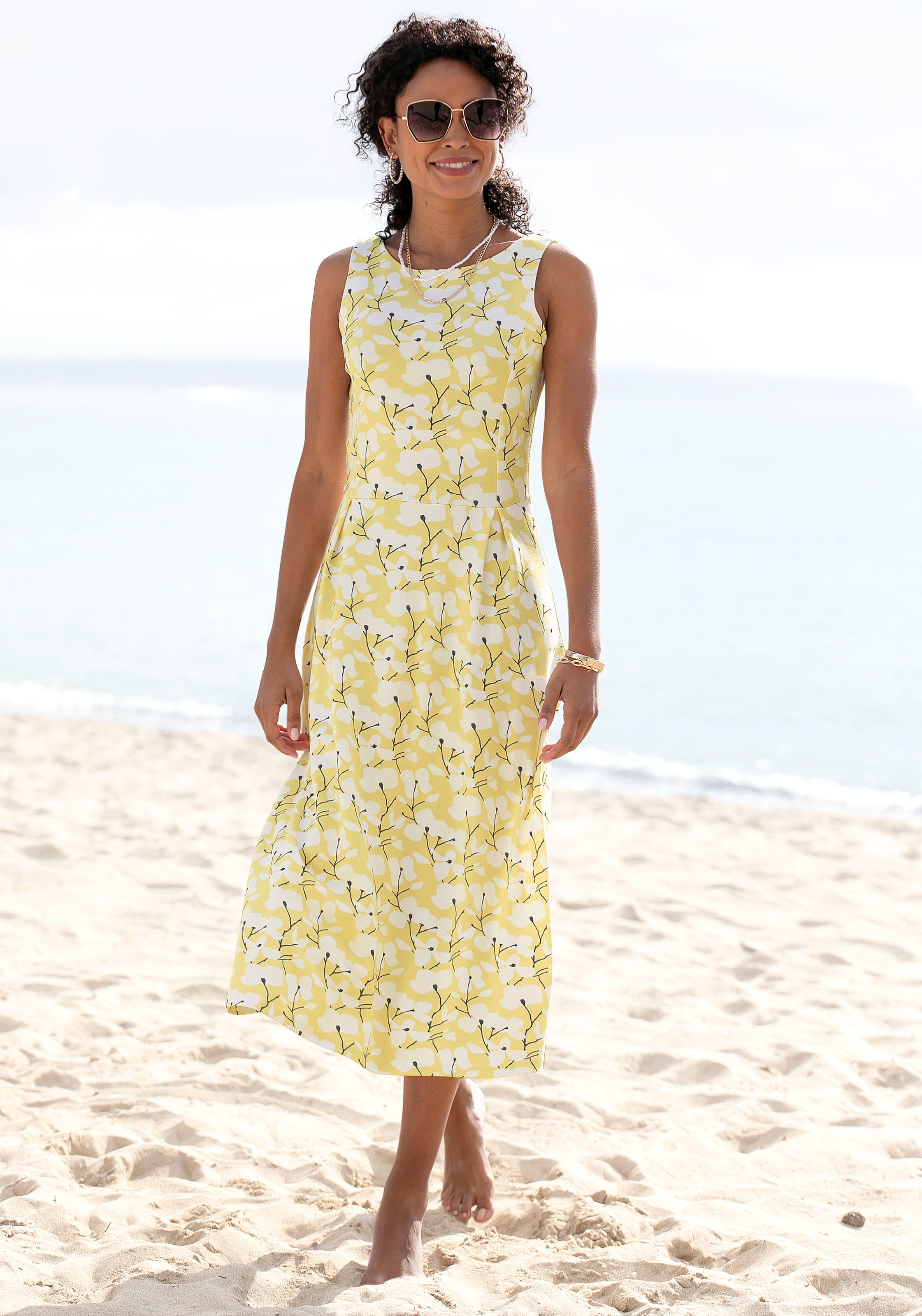 Beachtime by Lascana Midikleid "mit ausgestelltem Rockteil mit Blumendruck, Jerseykleid" Ohne Taschen Elegantes Sommerkleid, Druckkleid, A-Linien-Kleid, casual-chic