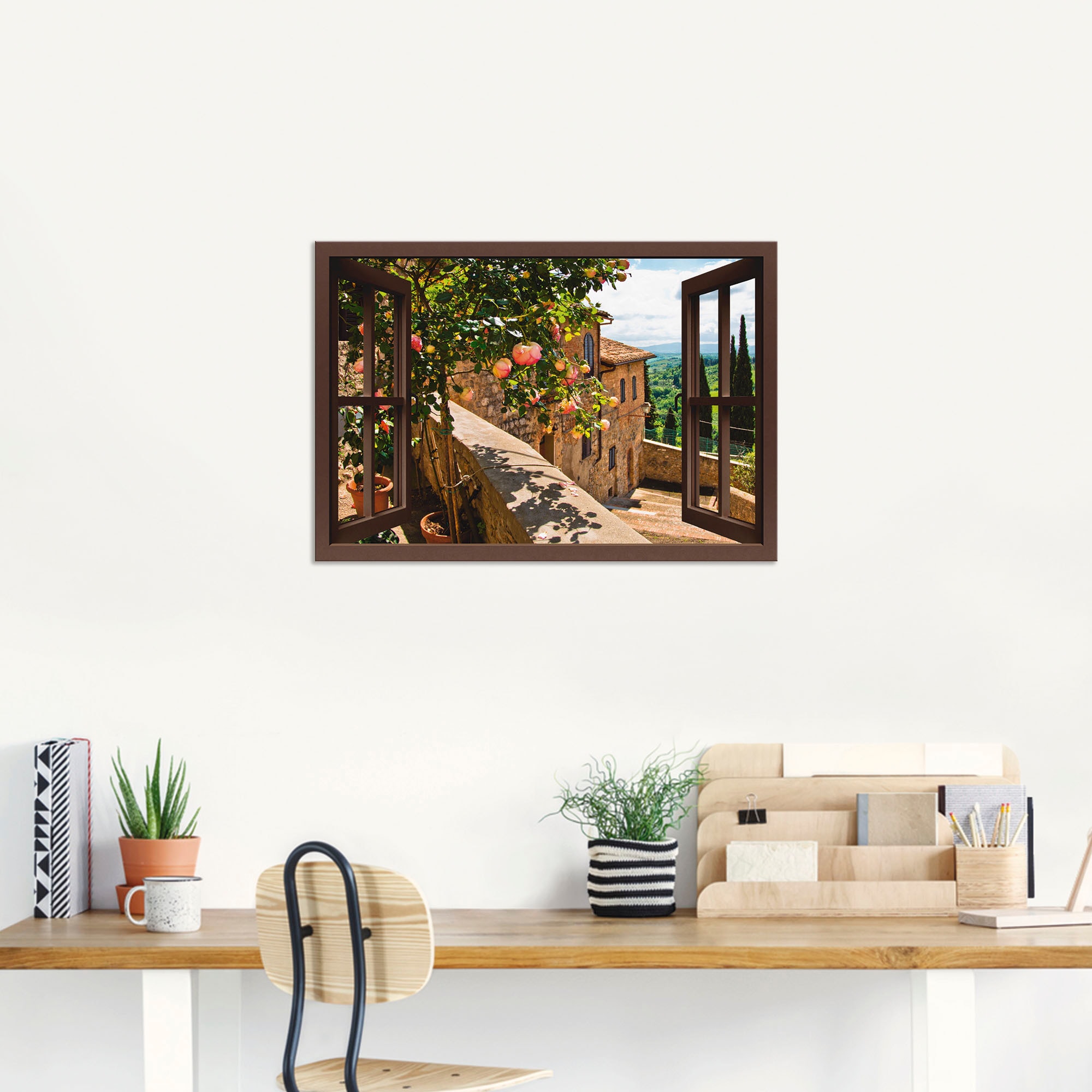 Artland Wandbild »Fensterblick Rosen auf Balkon Toskana«, Garten, (1 St.), als Alubild, Outdoorbild, Leinwandbild, Poster, Wandaufkleber