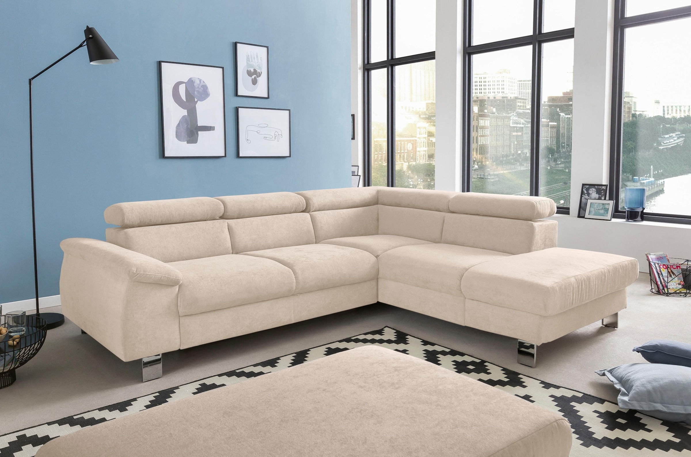 COTTA Ecksofa »Komaris L-Form mit Kopfteilverstellung«, wahlweise mit Bettfunktion, Bettkasten & Beleuchtung
