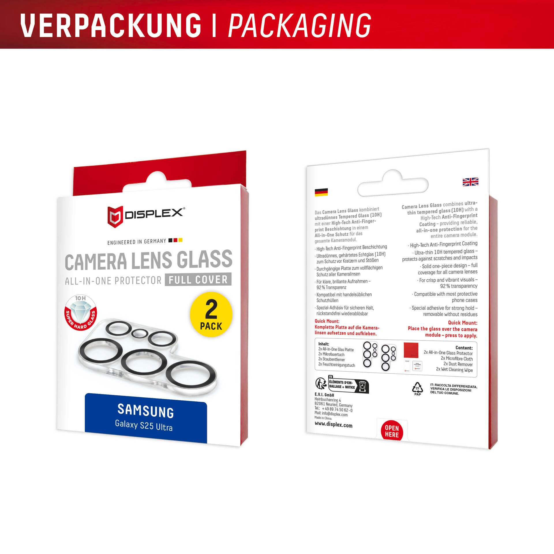 Displex Kameraschutzglas »Camera Lens Glass All-In-One Protector Full Cover«, für Samsung Galaxy S25 Ultra, (Packung, 2x All-In-One Glas), Objektivschutz, Kameraschutz, kratz- & stossfest