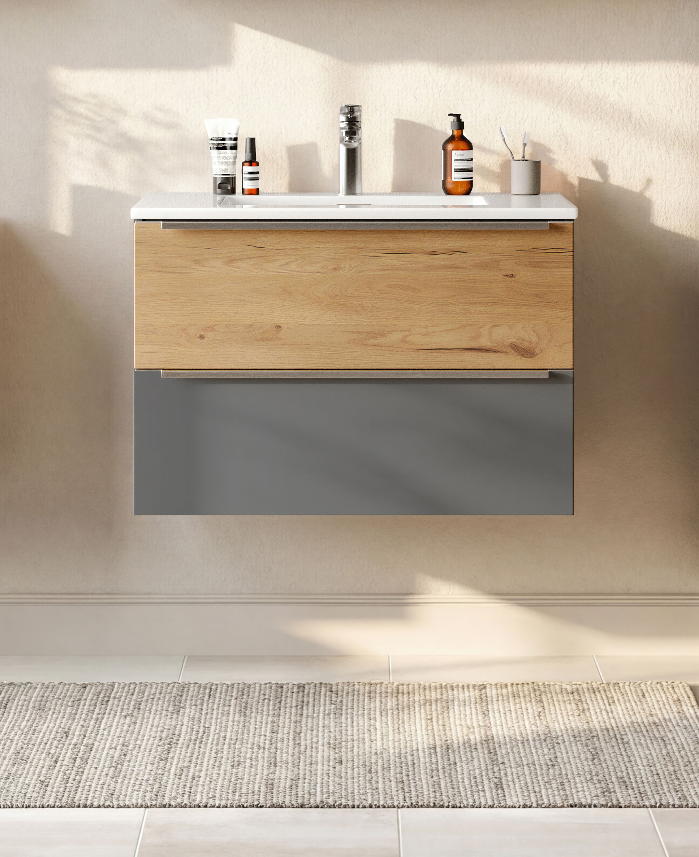 welltime Waschtisch "TRIENT, Softclose-Auszüge, Mineralgussbecken" matt onyx-grey/wildeiche, Mineralgussbecken