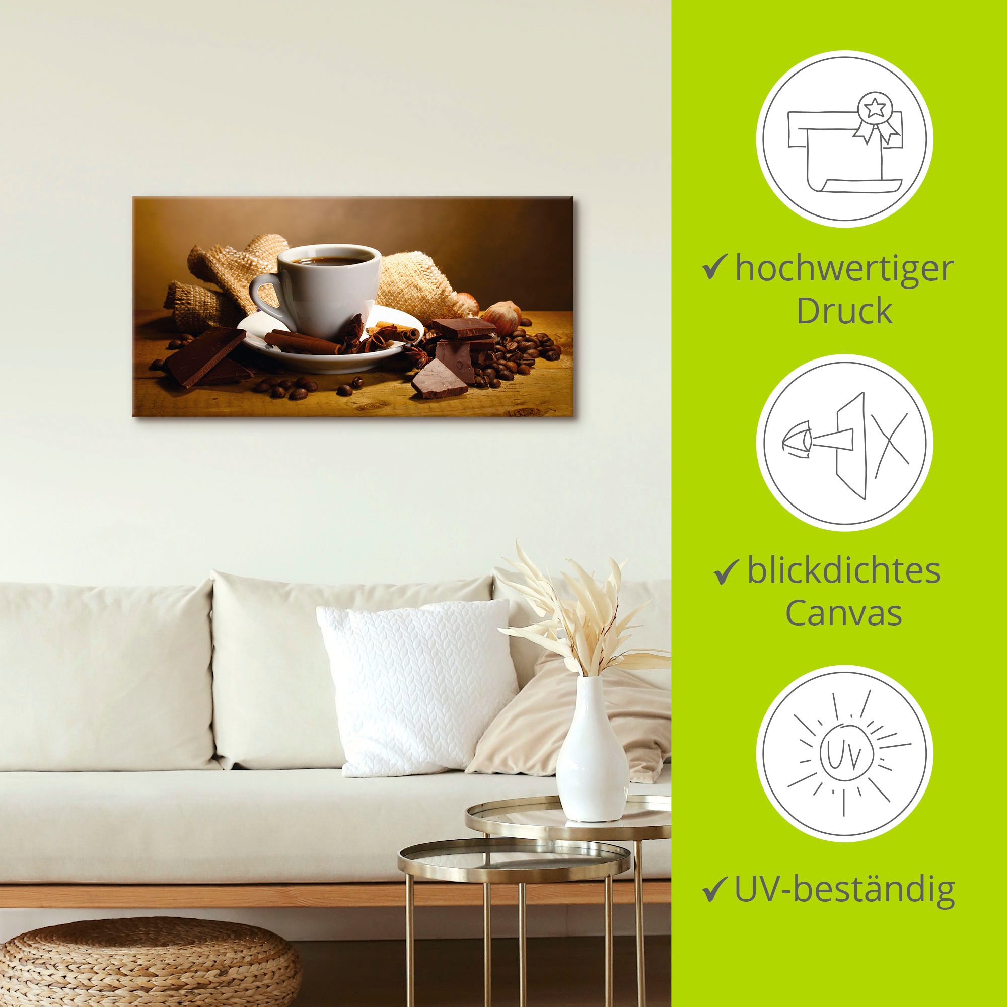 Artland Wandbild »Kaffeetasse Zimtstange Nüsse Schokolade«, Getränke, (1 St.), als Leinwandbild, Poster, Wandaufkleber in verschied. Grössen