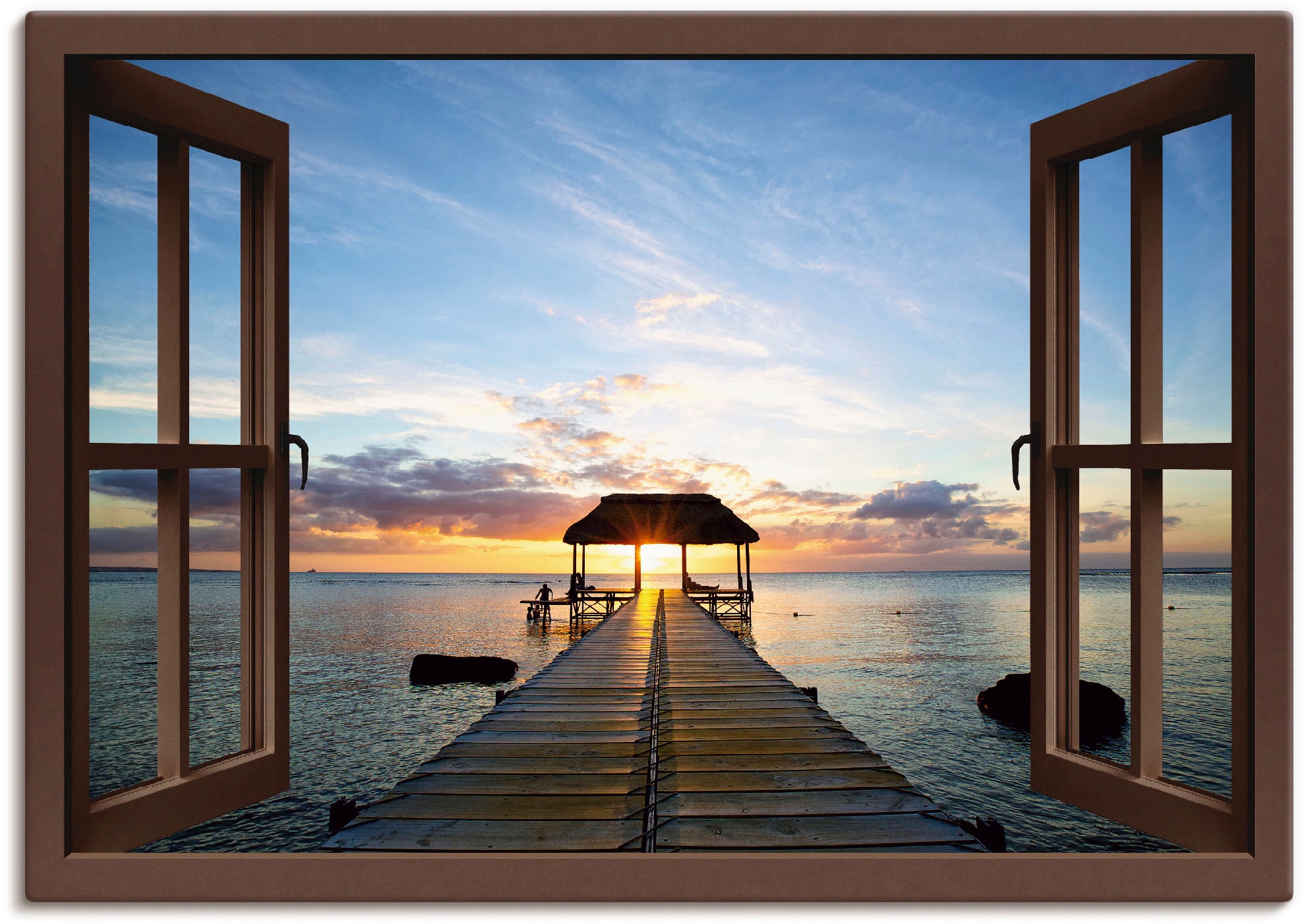 Artland Leinwandbild »Steg im Gegenlicht - braunes Fenster«, Fensterblick, (1 St.), auf Keilrahmen gespannt