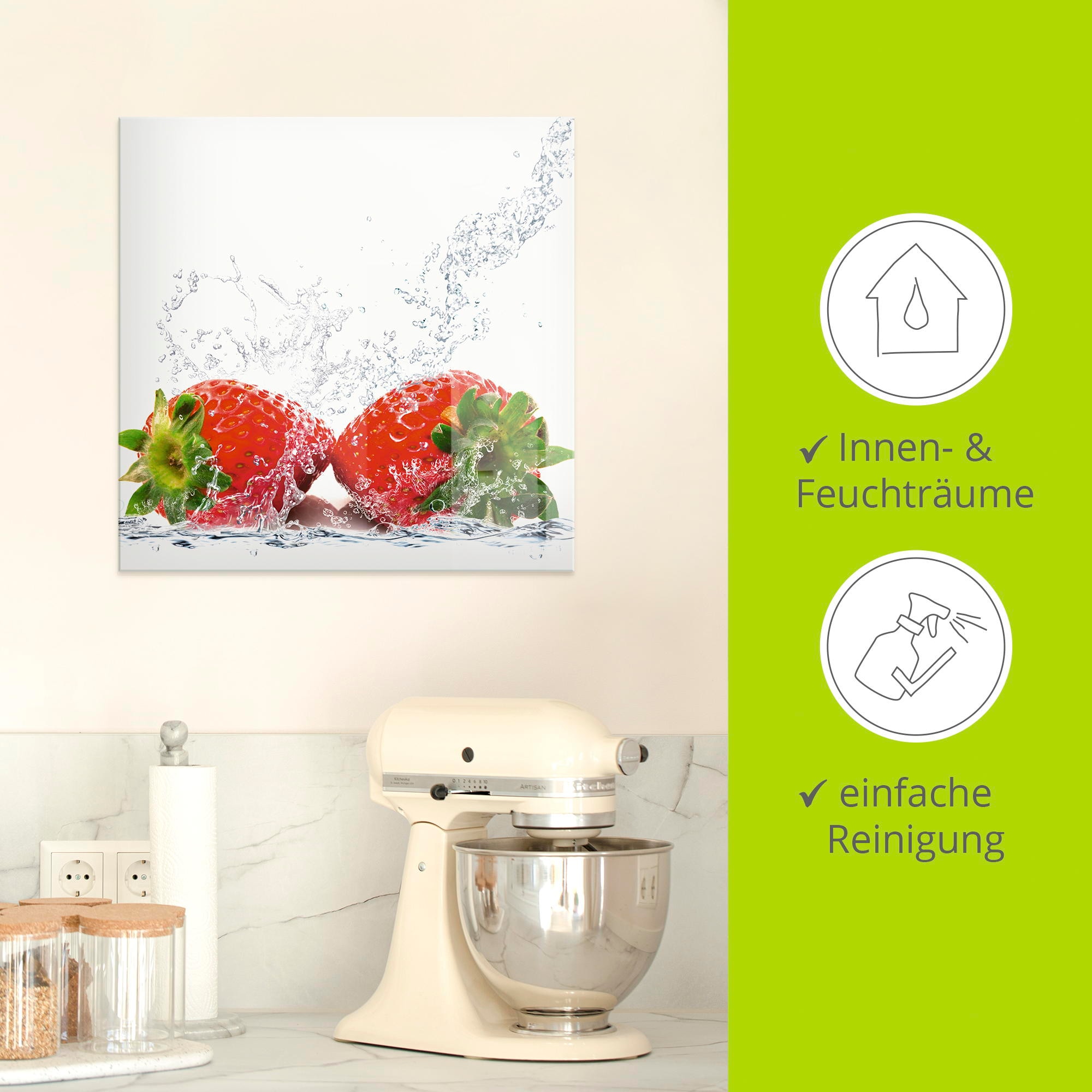 Artland Glasbild »Erdbeeren mit Spritzwasser«, Lebensmittel, (1 St.), in verschiedenen Grössen