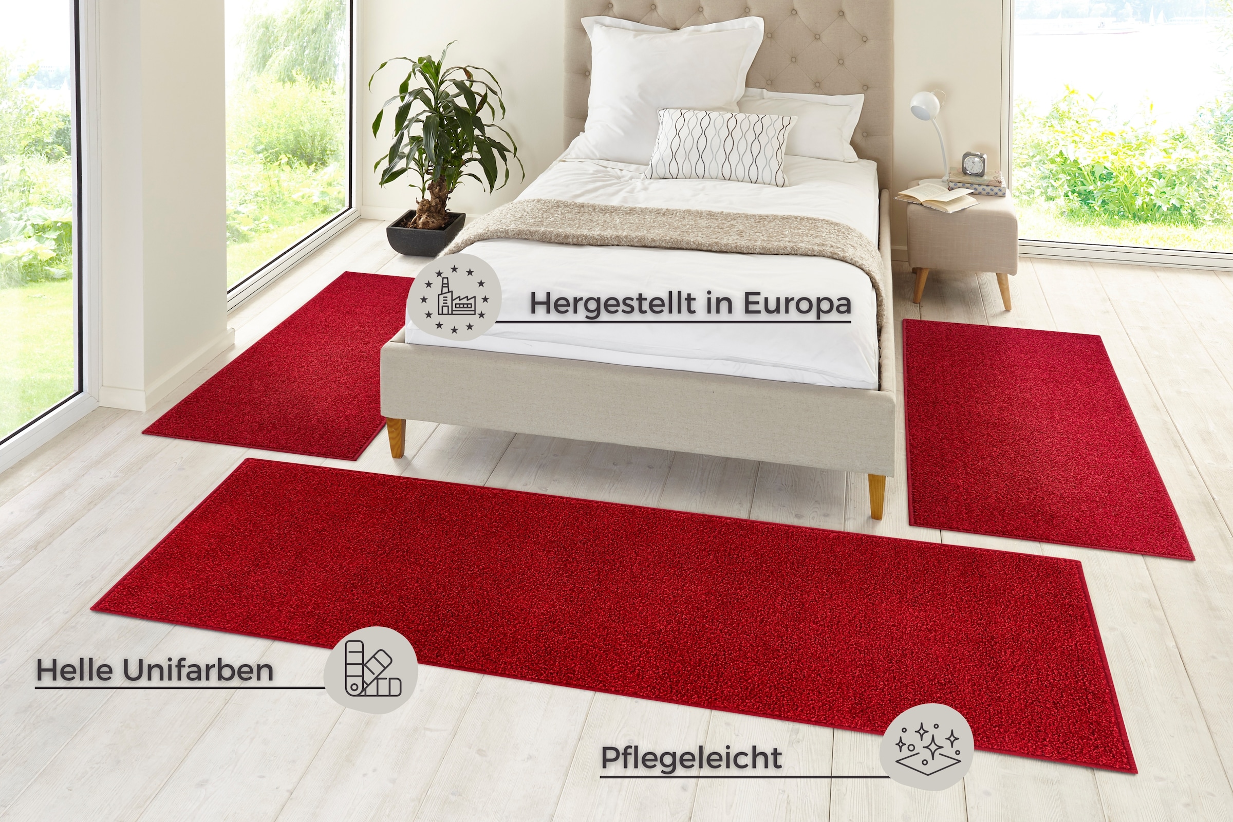 HANSE Home Bettumrandung »Pure 100«, (3 tlg.), Kurzflor, Unifarben, Teppich, Bettläufer, Bettvorleger, Teppichläufer