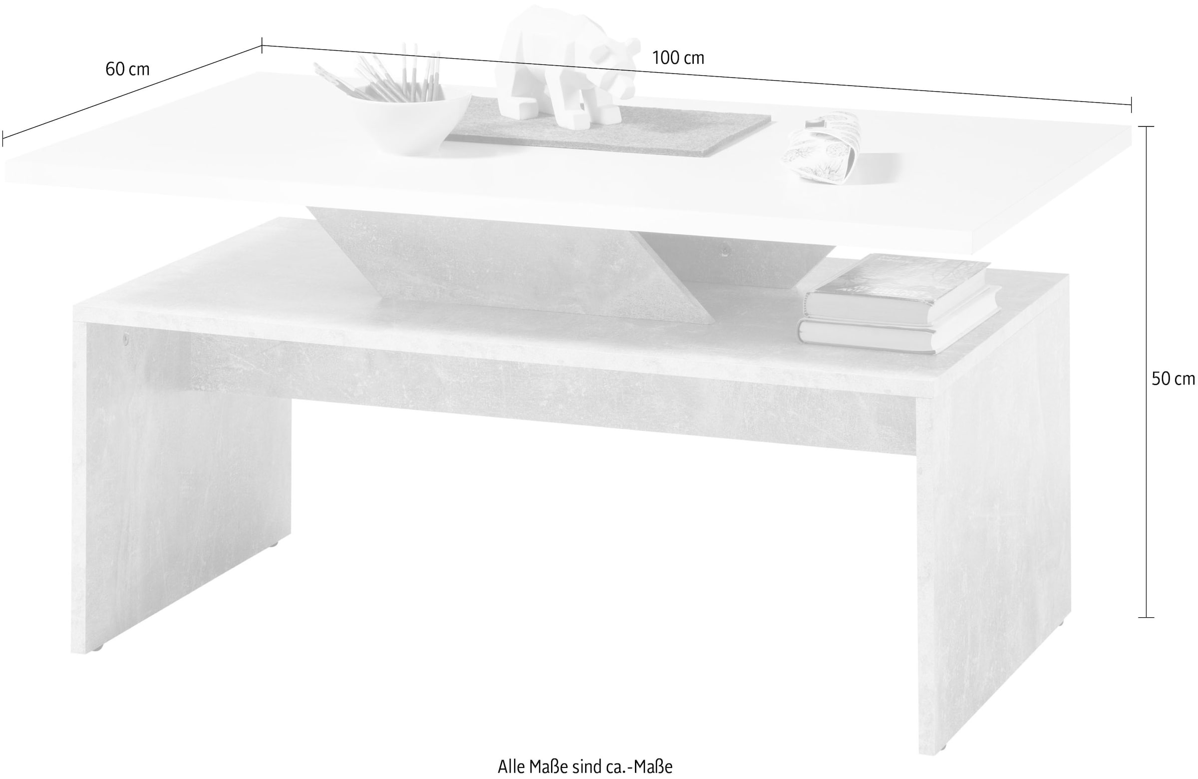 Stolkom Couchtisch »Allegra Wohnzimmertisch weiss, Absetzung Beton, BxHxT 100x50x60 cm«, Akazie Massivholz, Flächenbelastung des Tisches ca. 90 kg