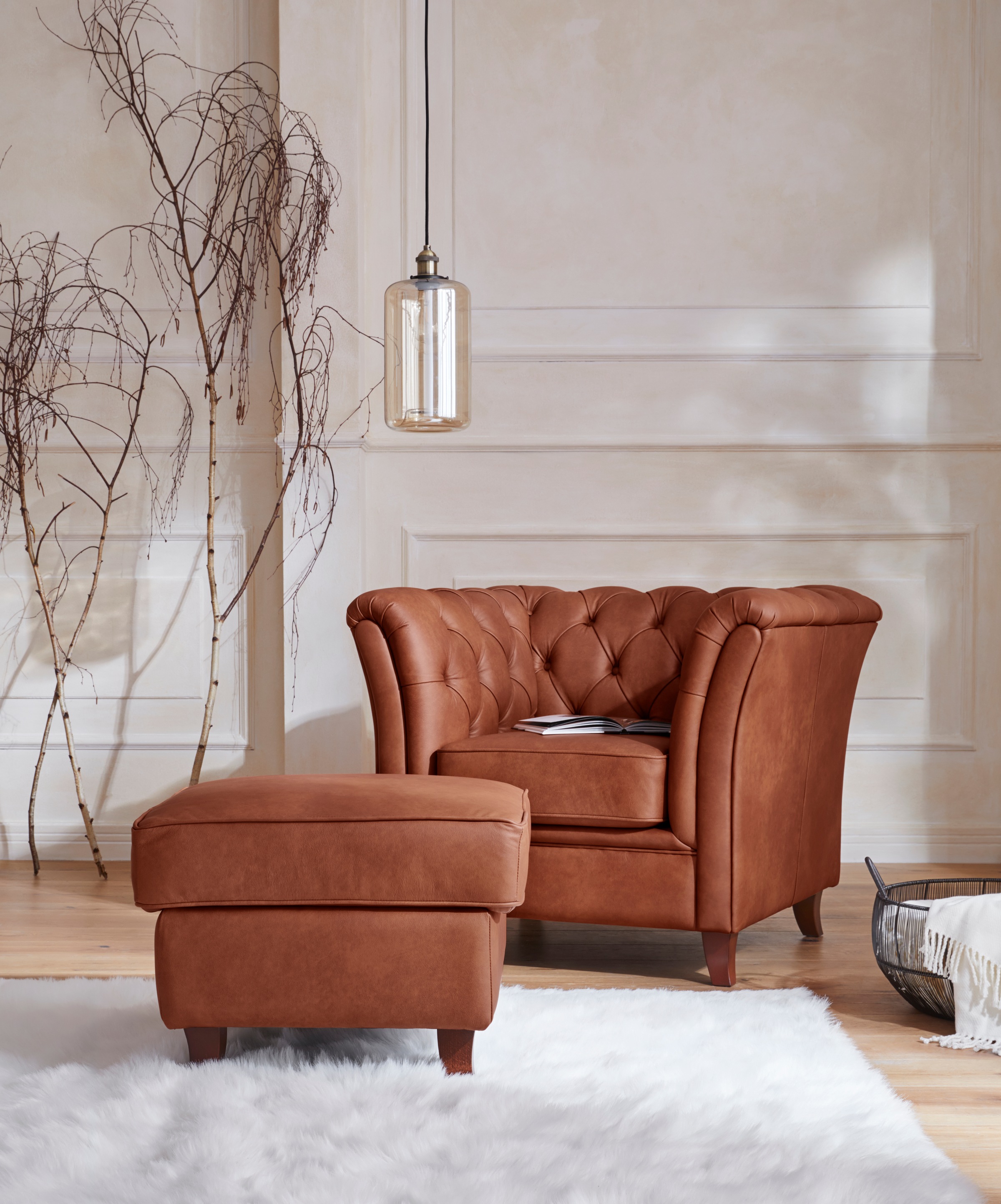 Home affaire Polsterhocker »Reims«, echte Chesterfield-Knopfheftung, Samtoptik mich changierender Optik