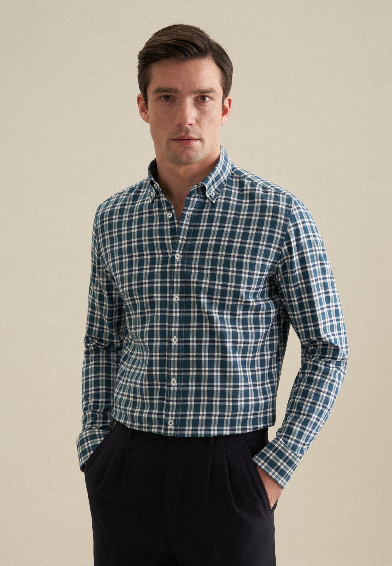 seidensticker Flanellhemd »Slim« Slim 1/1 Button-Down-Kragen Karo