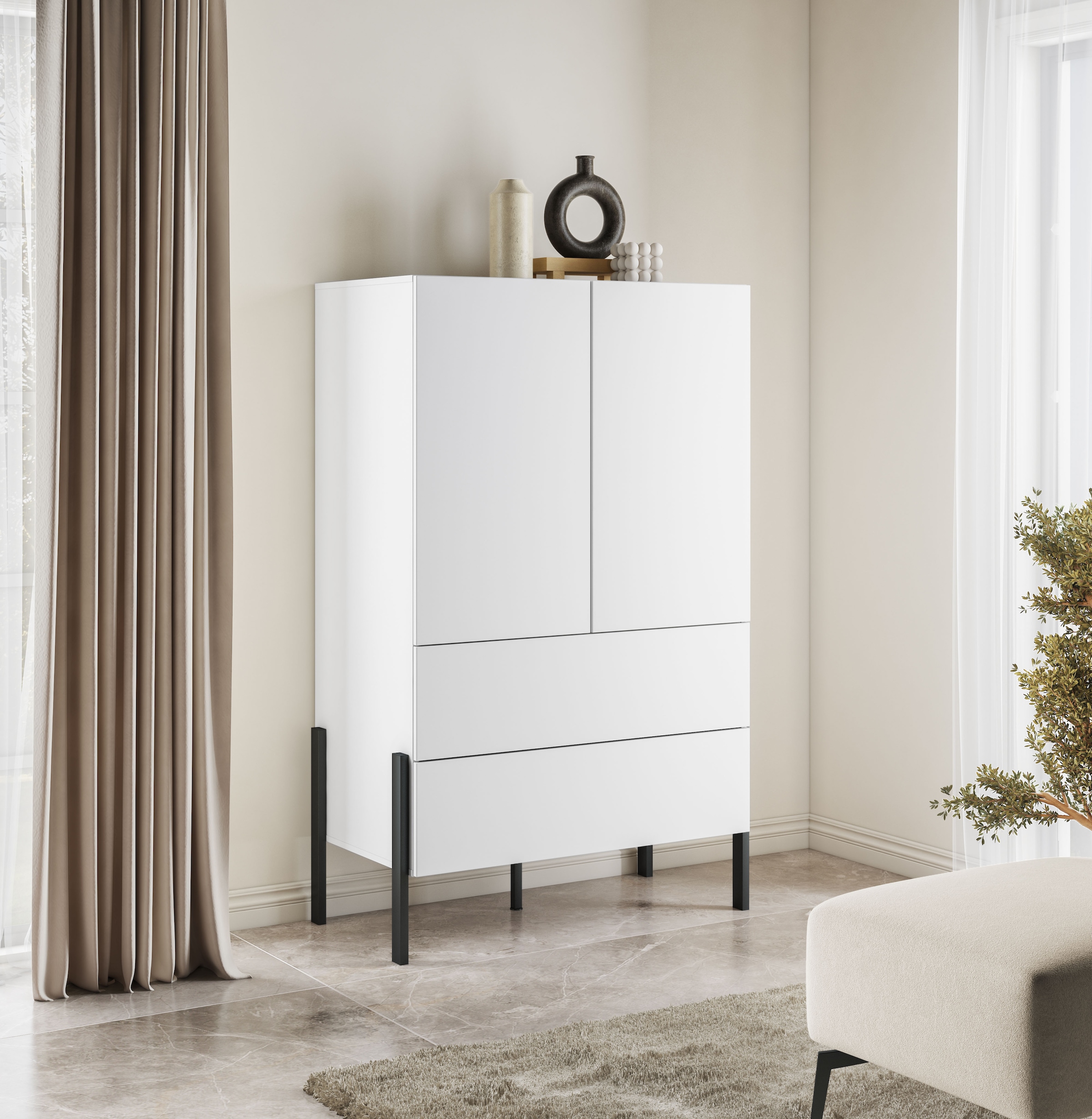 Home affaire Wäscheschrank »Jukon, moderner griffloser Kleiderschrank, Metallfüsse, Made in Europe«, (90x150x50, ideal für kleine Räume oder Nischen), Mehrzweckschrank,2 Schubladen, 2 Türen, FSC-zertifiziert