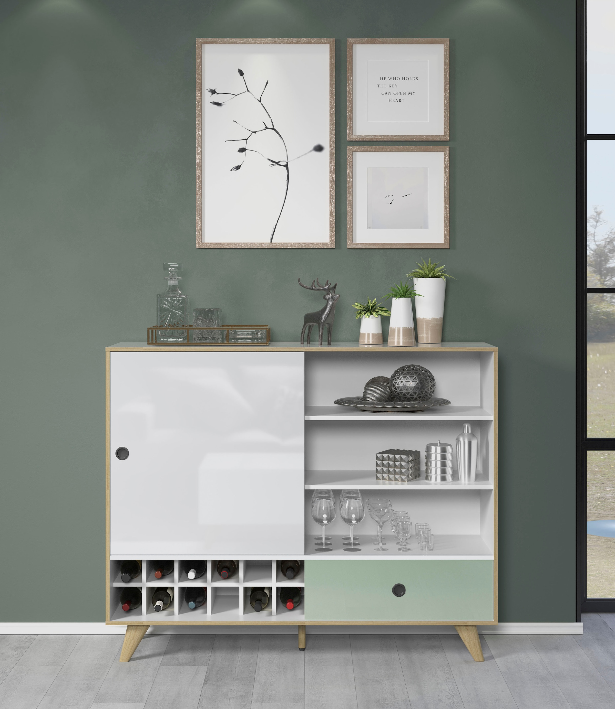 INTER-FURN Highboard »Adelaide«, Stauraumschrank, Breite 145 cm, Integriertes Weinregal