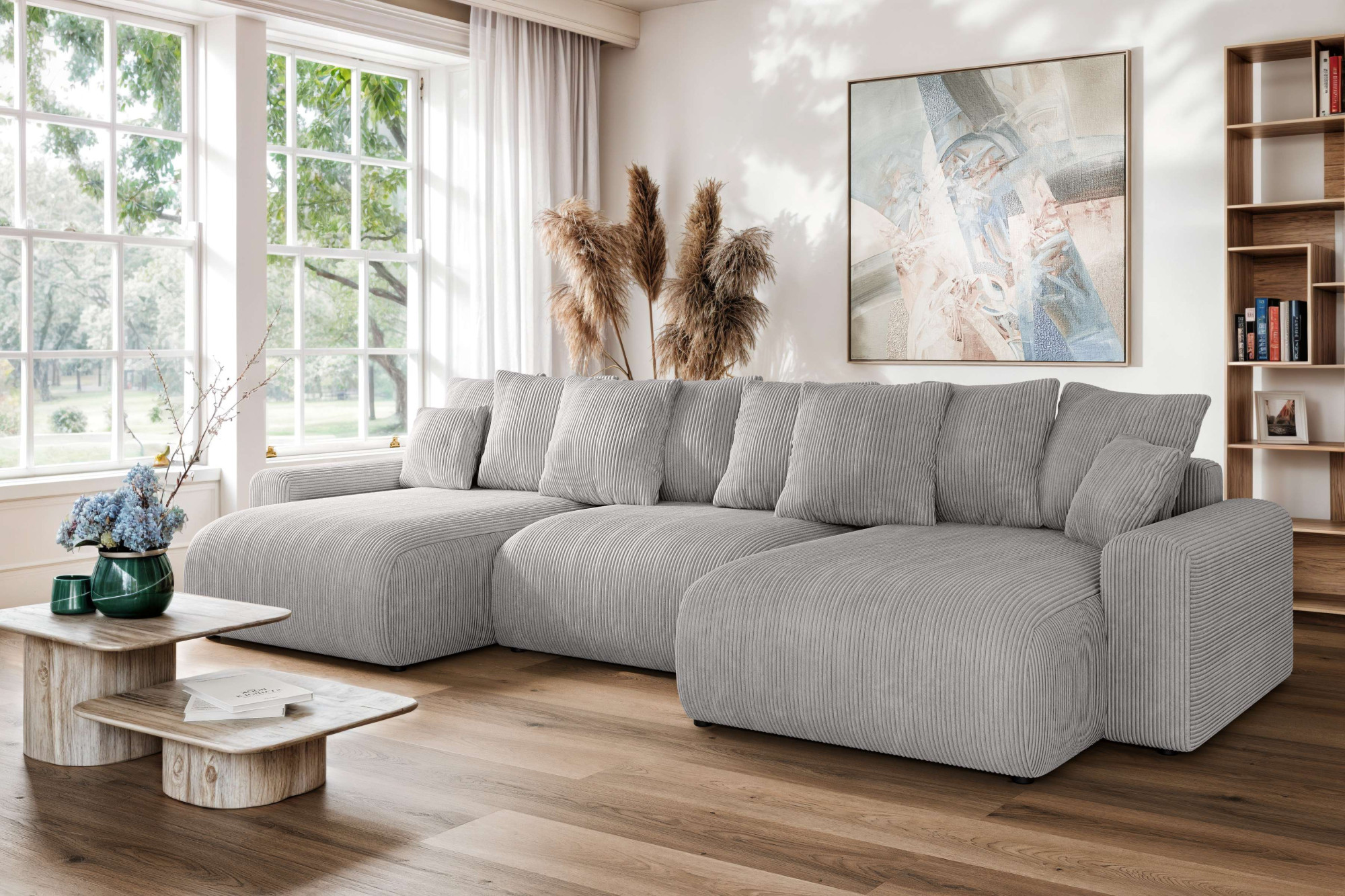 Home affaire Wohnlandschaft "LAKESIDE mit Bettfunktion und Bettkasten, Masse B/T/H: 332,5/142/84 cm" U‑Form mit vielen Kissen und Wellenunterfederung