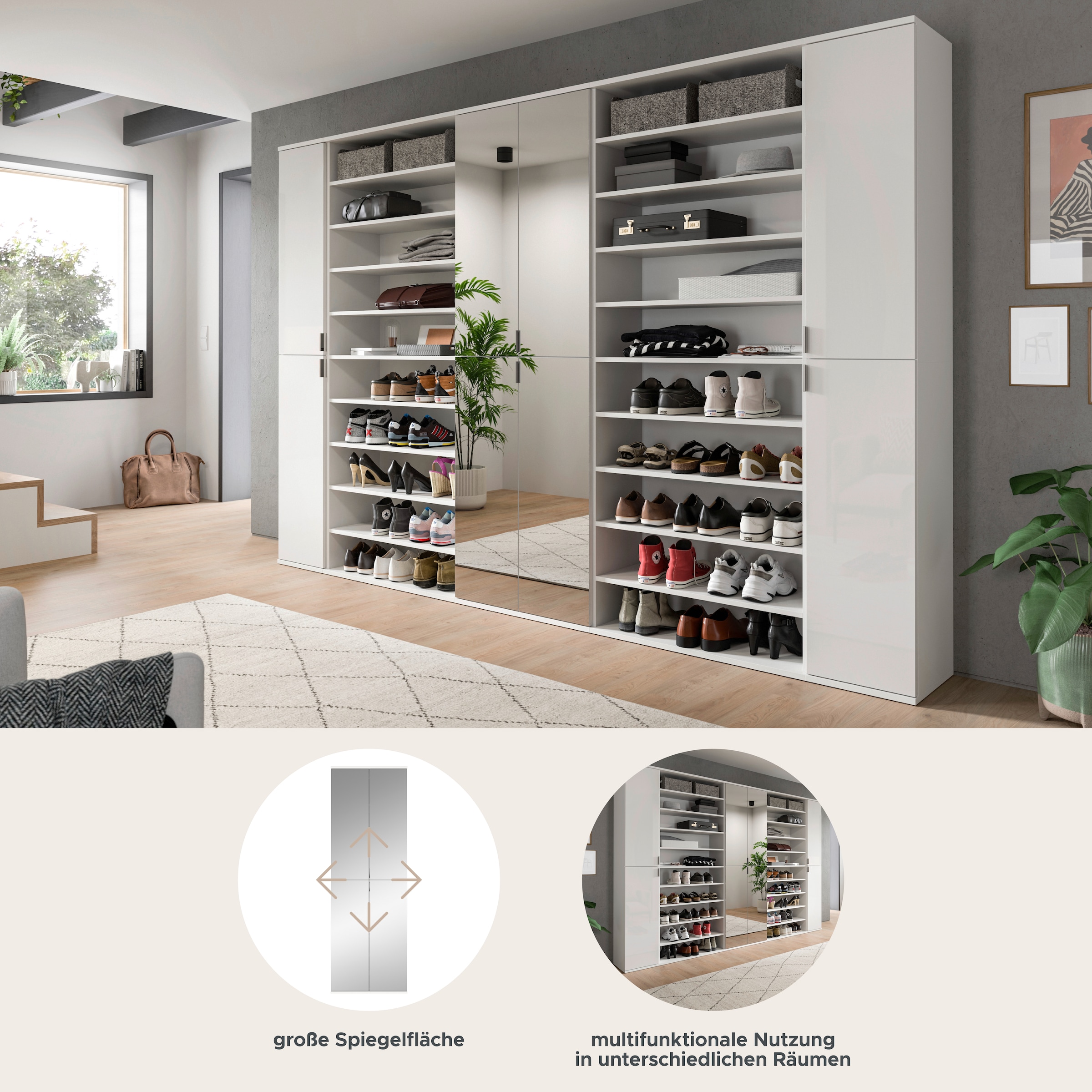 INOSIGN Garderoben-Set »Trondheim, Garderobenset 5-tlg. Breite 262 cm,«, (5 St.), hochglanz, best. aus: Spiegelschrank, 2x Schuhregal, 2x Schrank, Flur