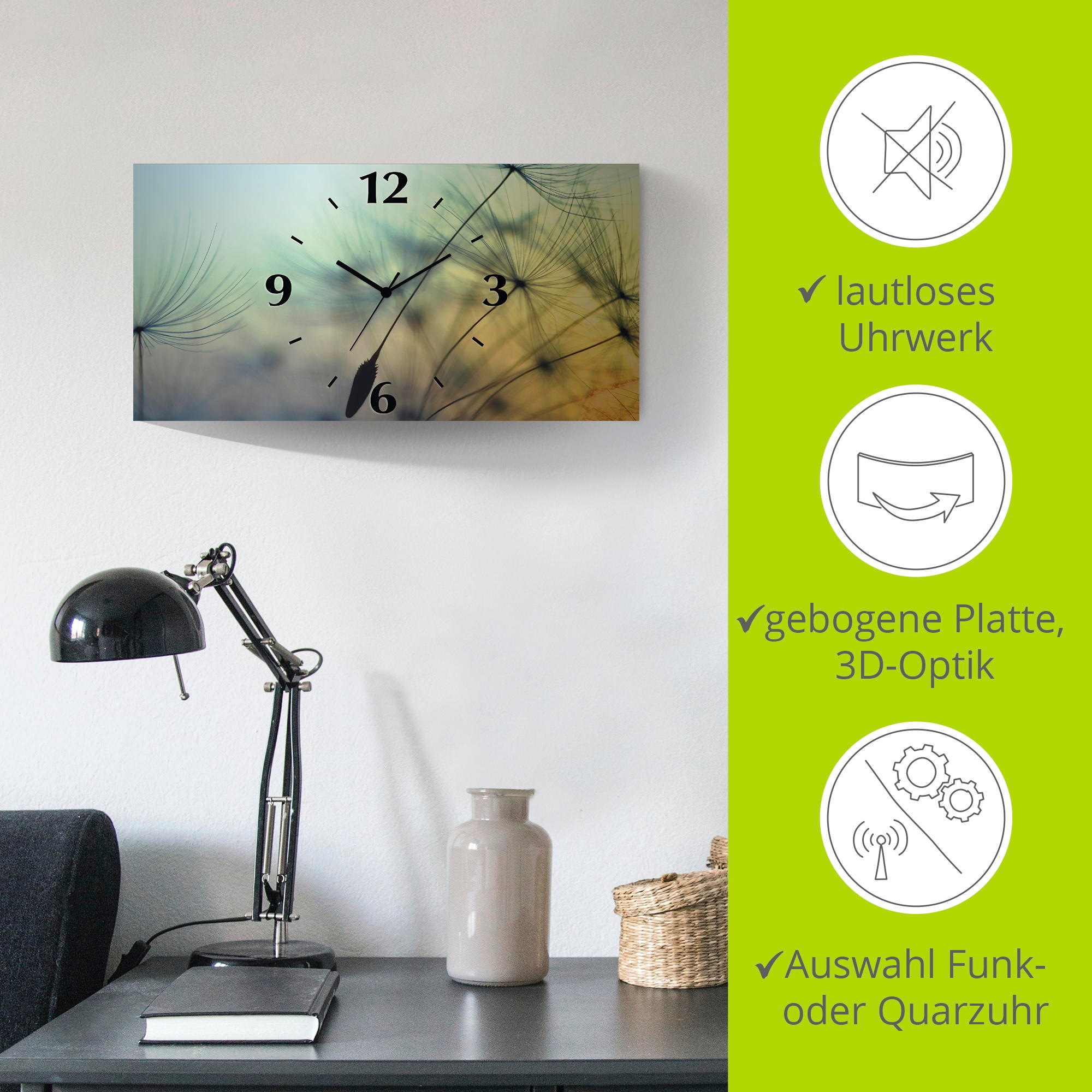 Artland Wanduhr »Goldfarbenener Sonnenuntergang und Pusteblumen«, 3D Optik gebogen, mit Quarz- oder Funkuhrwerk, versch. Grössen