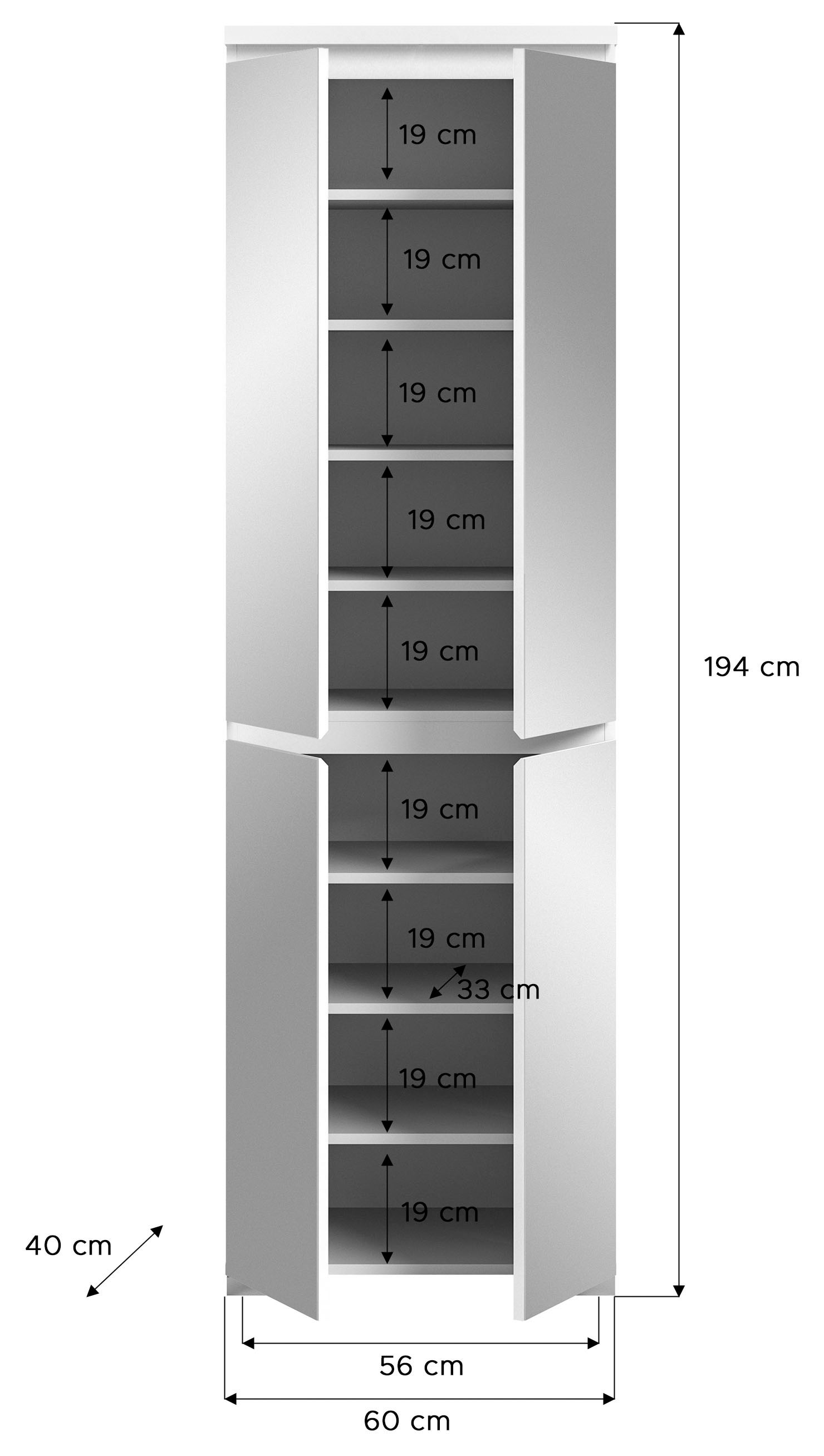 INOSIGN Schuhschrank »Skoskap, Tiefe 40 cm, 4 Türen, 9 Fächer, 7 verstellbare Einlegeböden«, Platz für ca. 27 Schuhpaare, Hochschrank, Spiegelschrank,Dielenschrank