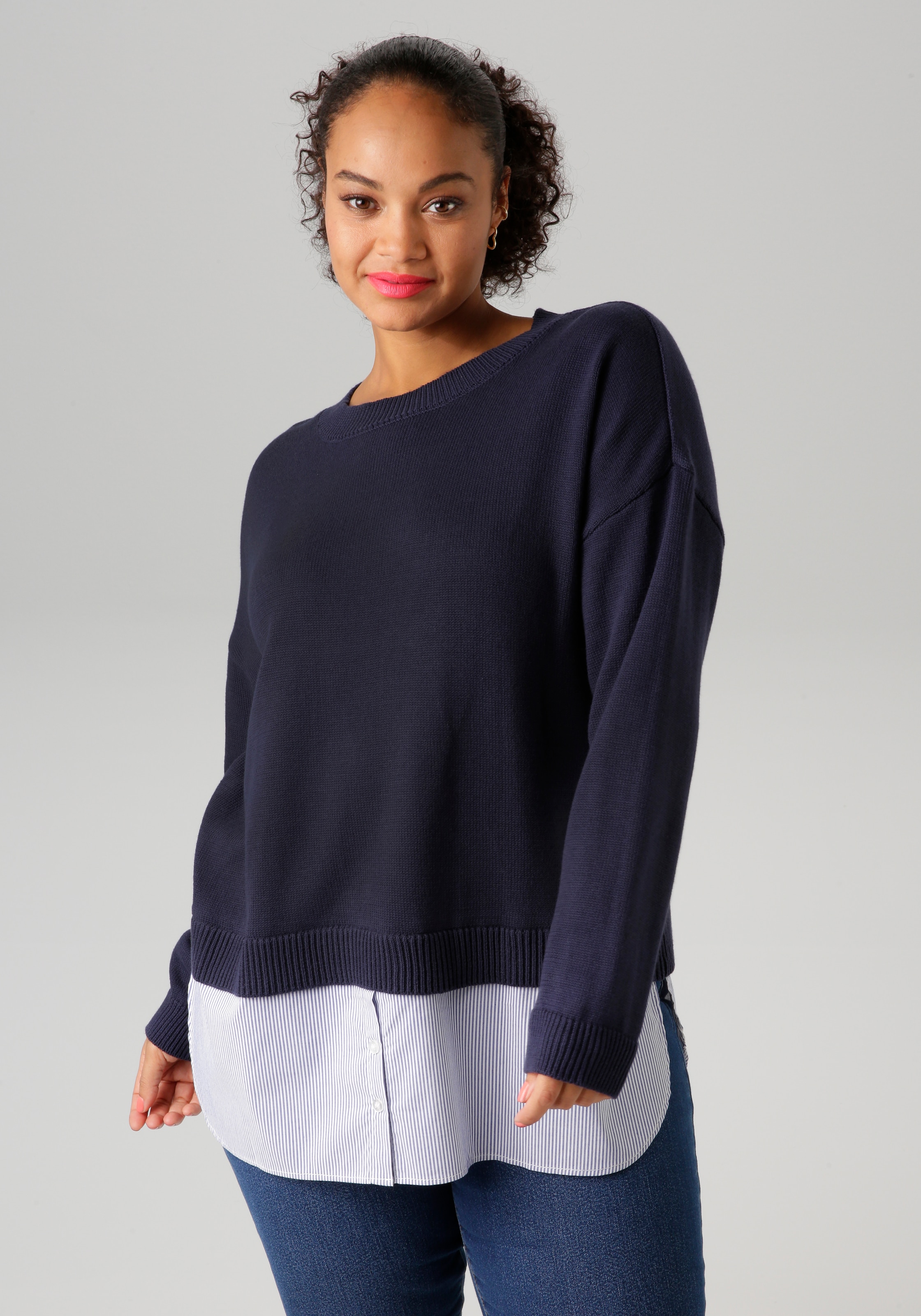 Aniston PLUS Strickpullover, mit gestreiftem Bluseneinsatz am Saum - NEUE KOLLEKTION