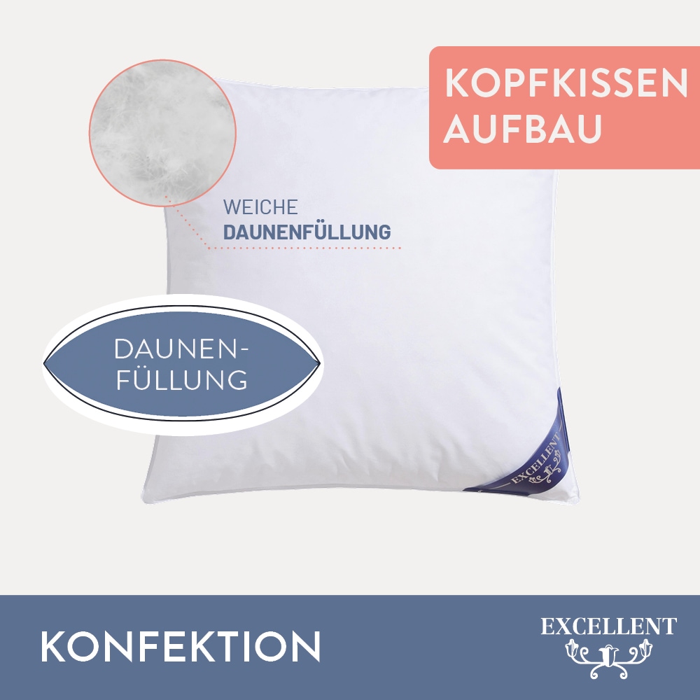 Excellent Kopfkissen »Venedig«, Füllung: weisse neue Federn und Daunen, Klasse I, 85% Federn / 15% Daunen, Bezug: Köper-Inlett, 100% Baumwolle, (Spar-Set, 1 St., 2 Kopfkissen), Kopfkissen 40x40, 40x80, 80x80, allergiker geeignet (Hausstaub)