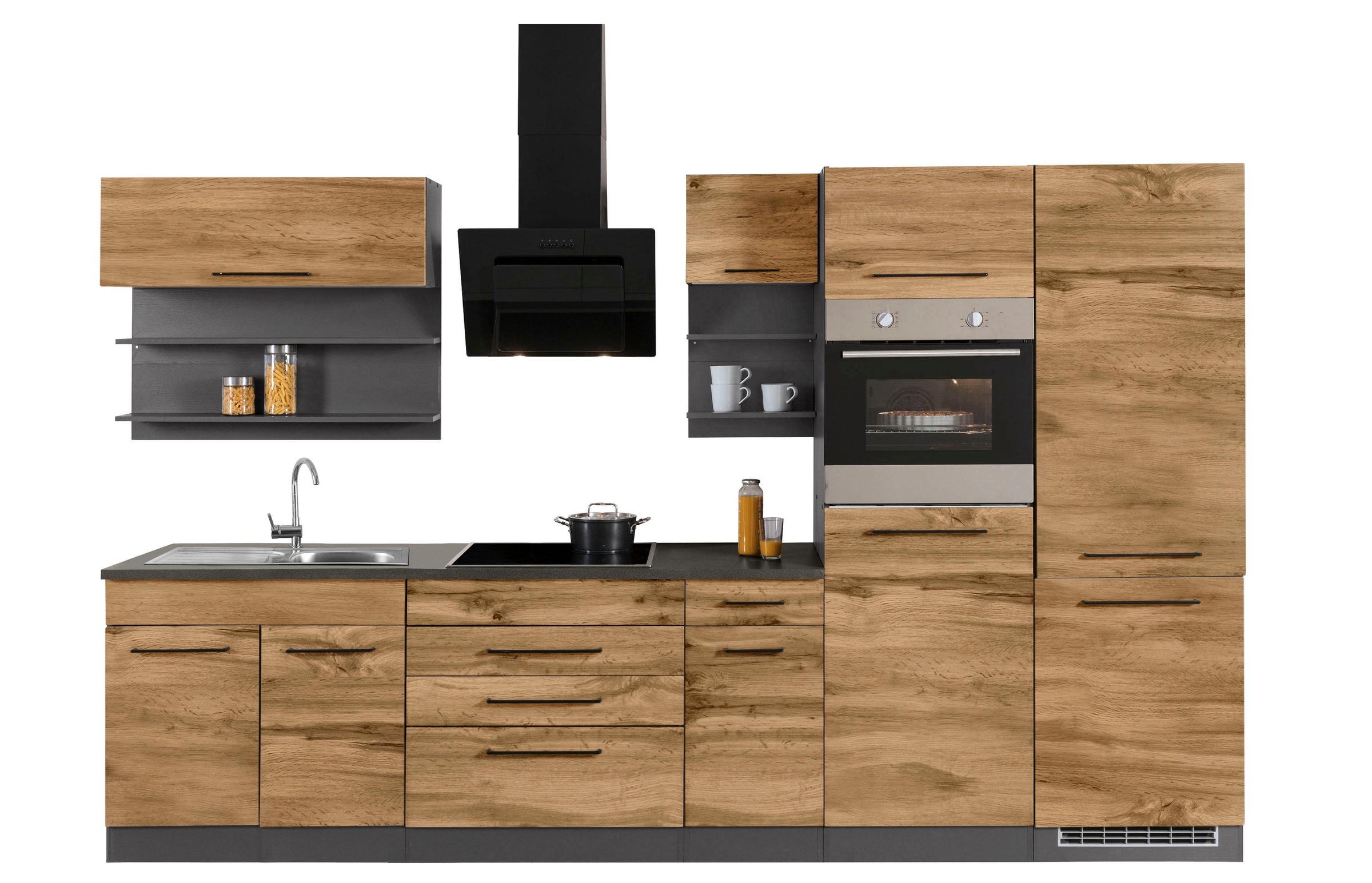 KOCHSTATION Küchenzeile "KS-Tulsa" ohne E-Geräte, Breite 350 cm, schwarze Metallgriffe, MDF Fronten