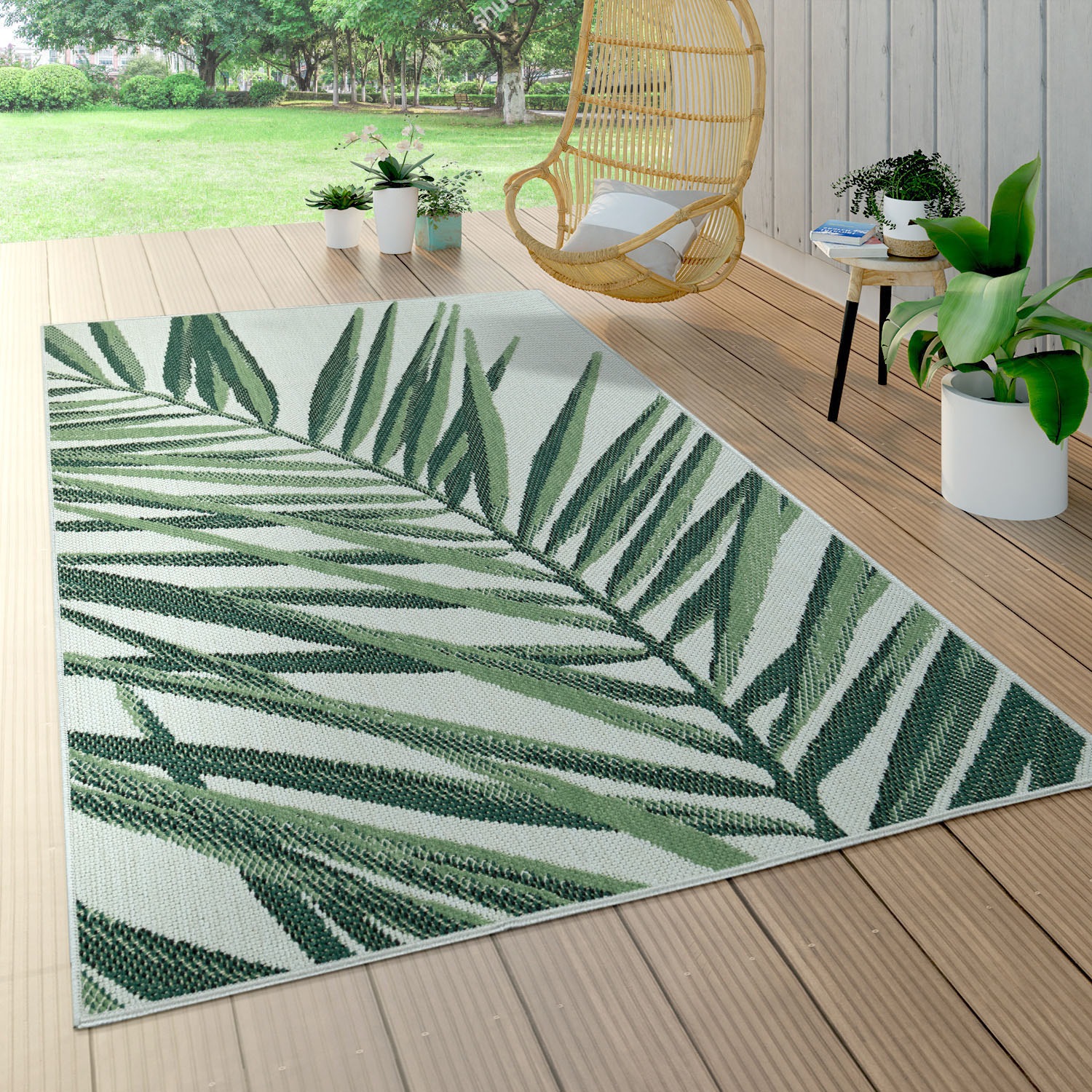 Paco Home Teppich »Ostende 537«, rund, 4 mm Höhe, Flachgewebe, Motiv Palmenblätter, In- und Outdoor geeignet, Wohnzimmer