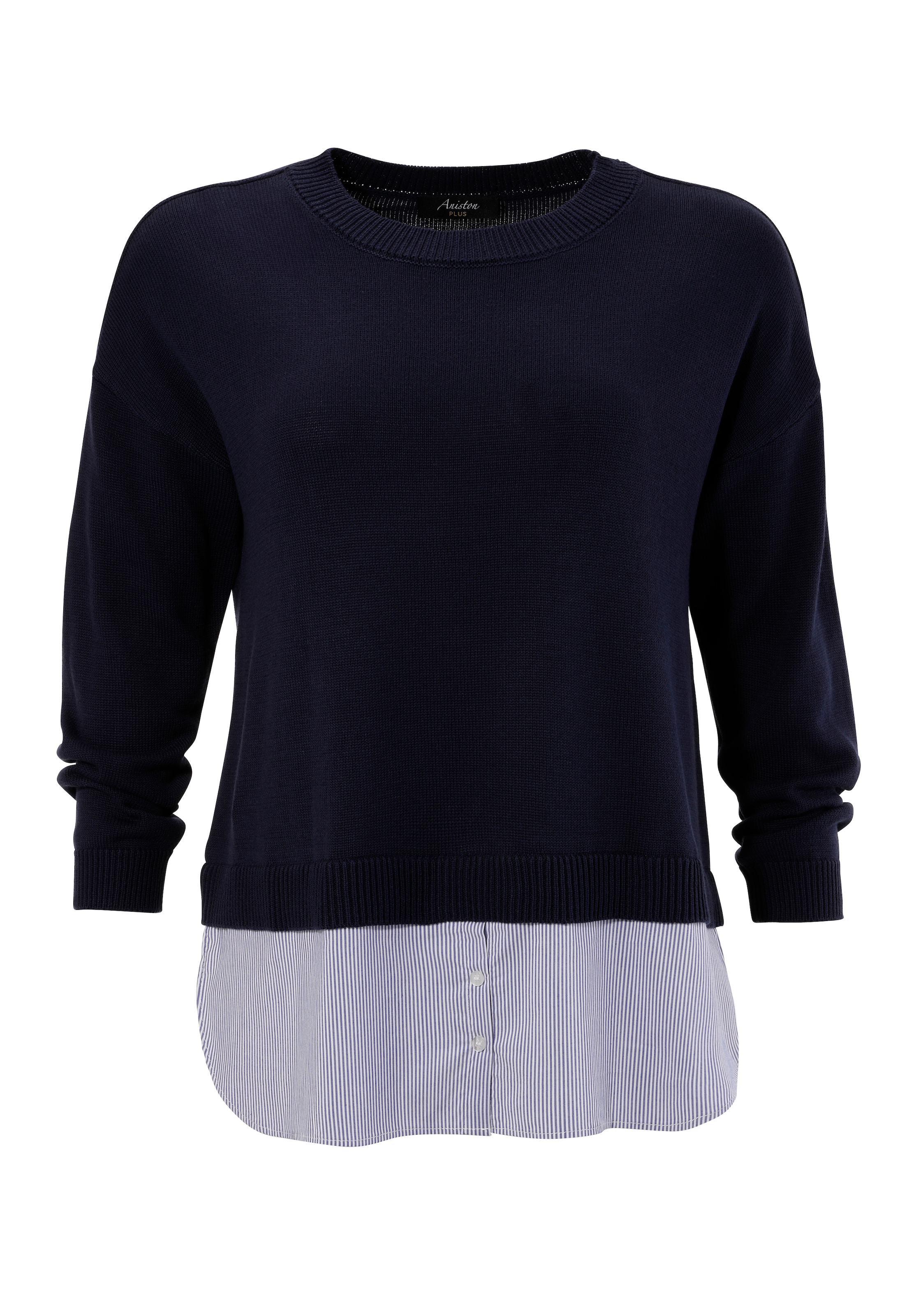 Aniston PLUS Strickpullover, mit gestreiftem Bluseneinsatz am Saum