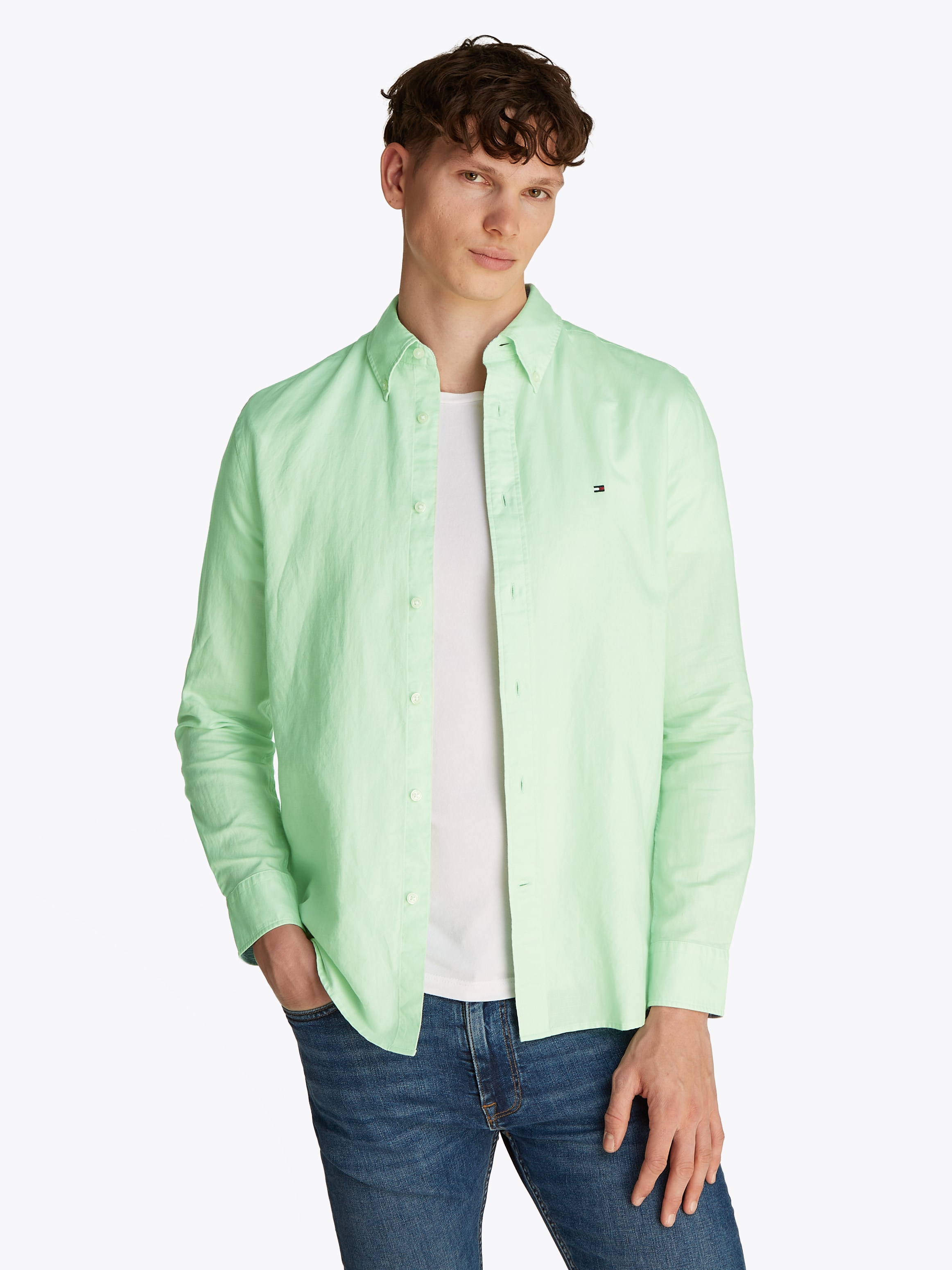 Tommy Hilfiger Langarmhemd »LINEN BLEND SOLID RF SHIRT«, mit Button-down-Kragen
