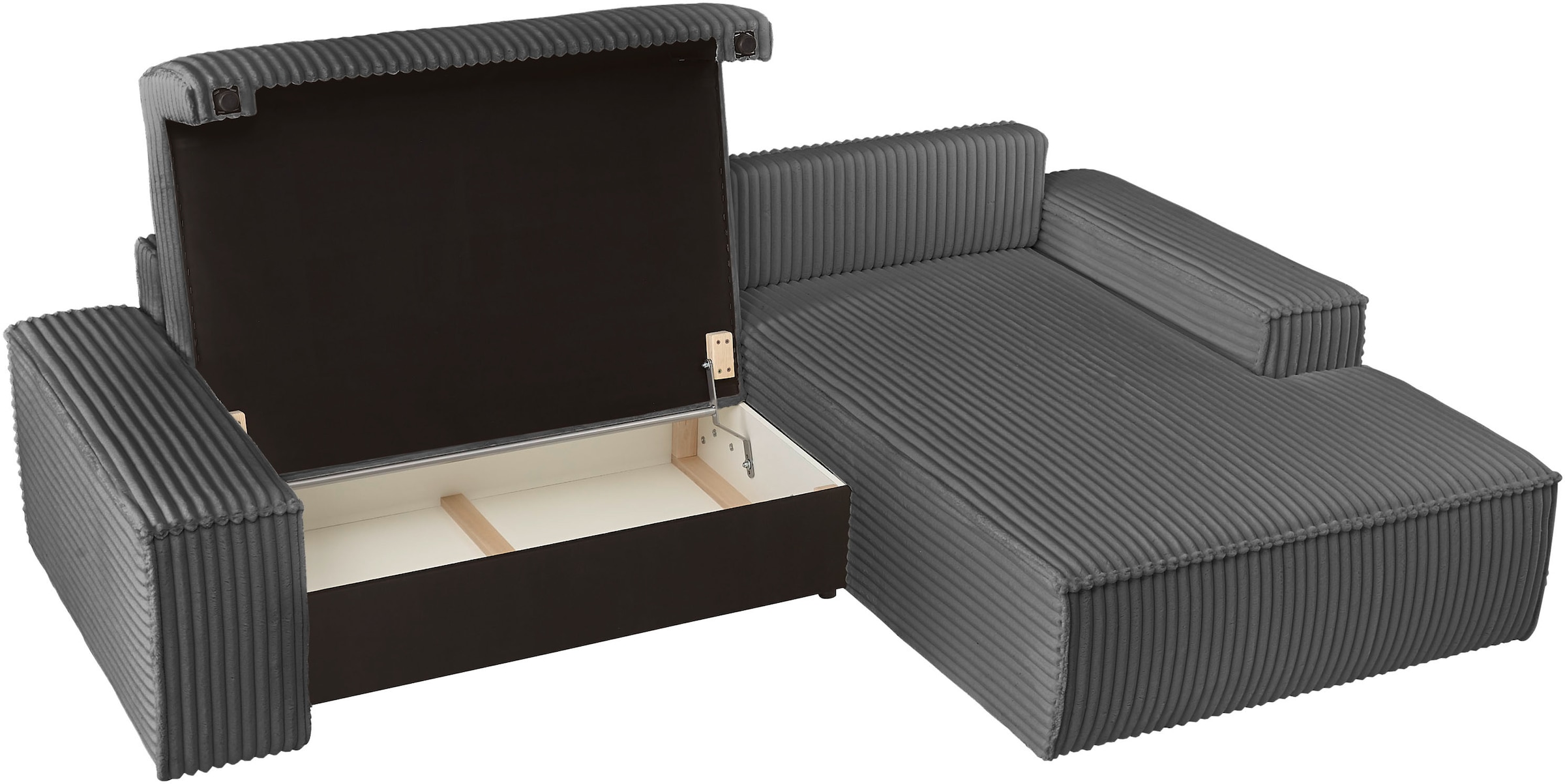 andas Ecksofa »Finnley Schlafsofa 267 cm in Bouclé, Struktur fein u. Cord, L-Form,«, Schlaffunktion m. Bettkasten (136/210 cm), Bouclé, Struktur und Cord