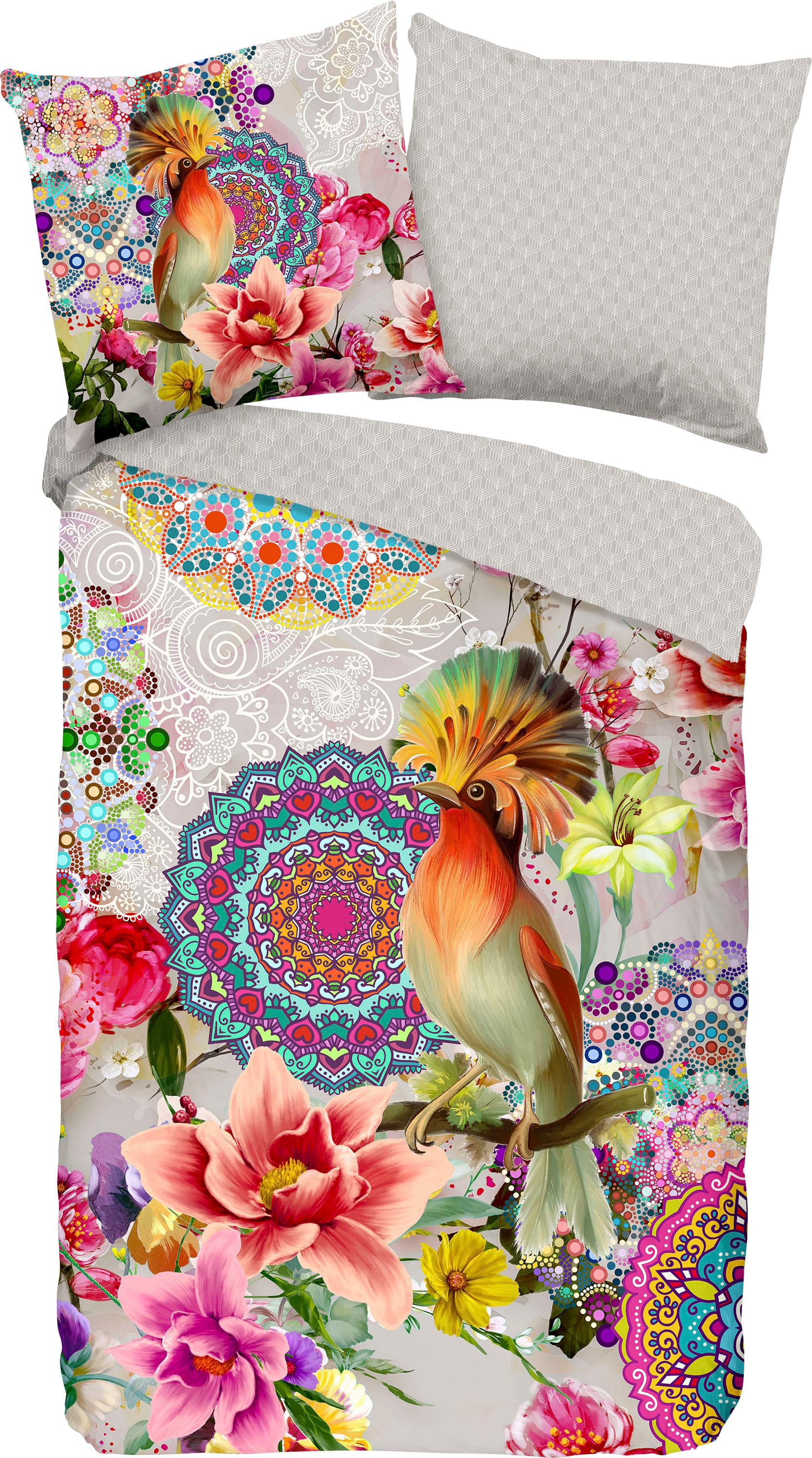 hip Wendebettwäsche »Bindi«, Mako-Satin, 135x200, Reissverschluss, Wendeoptik, Mandala, Vogel, Grau