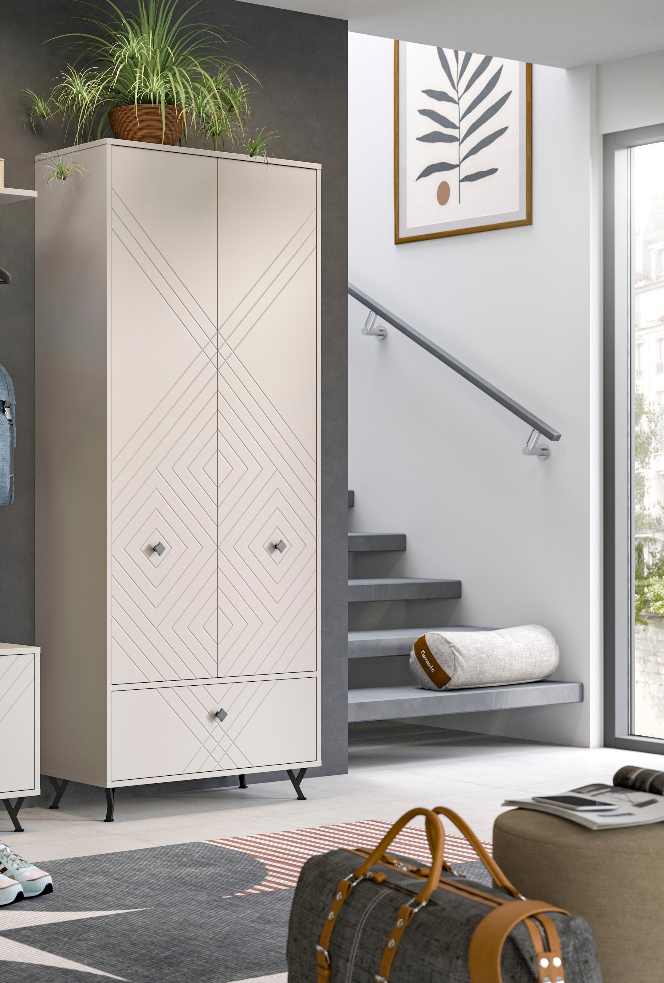 INOSIGN Garderobenschrank »Mento, Höhe 190cm, 2 Türen, 1 Klappe, 4 Einlegeböden, 6 Fächer«, Metall Knopfgriffe & Y-Füsse, Front mit Ornamentfräsung, Kleiderschrank