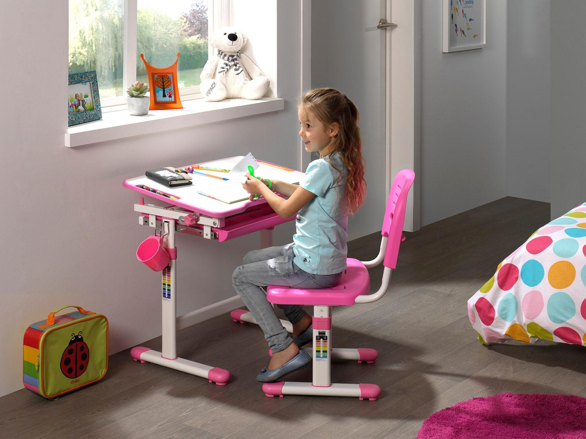 Vipack Kinderschreibtisch »Comfortline, mit Höhenverstellung inkl. Taschen- u. Becherhalter«, (Set, B/H/T ca. 70x54-76x47,4cm, verschiedene Farben, mit Griffelschublade), inkl. Stuhl und verstellbarer Schreibplatte, praktische Funktionen