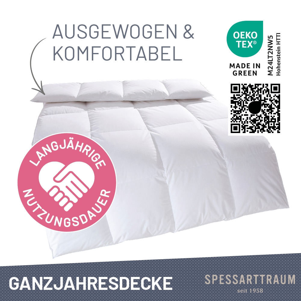 SPESSARTTRAUM Daunenbettdecke »First Class«, normal, Füllung 90% Daunen / 10% Federn, Klasse 1, Downpass zertifiziert, Bezug 100% Baumwolle, Made in Green, Hausstauballergiker geeignet, (1 St.), 5 Wärmeklassen & 6 Grössen, Bestseller