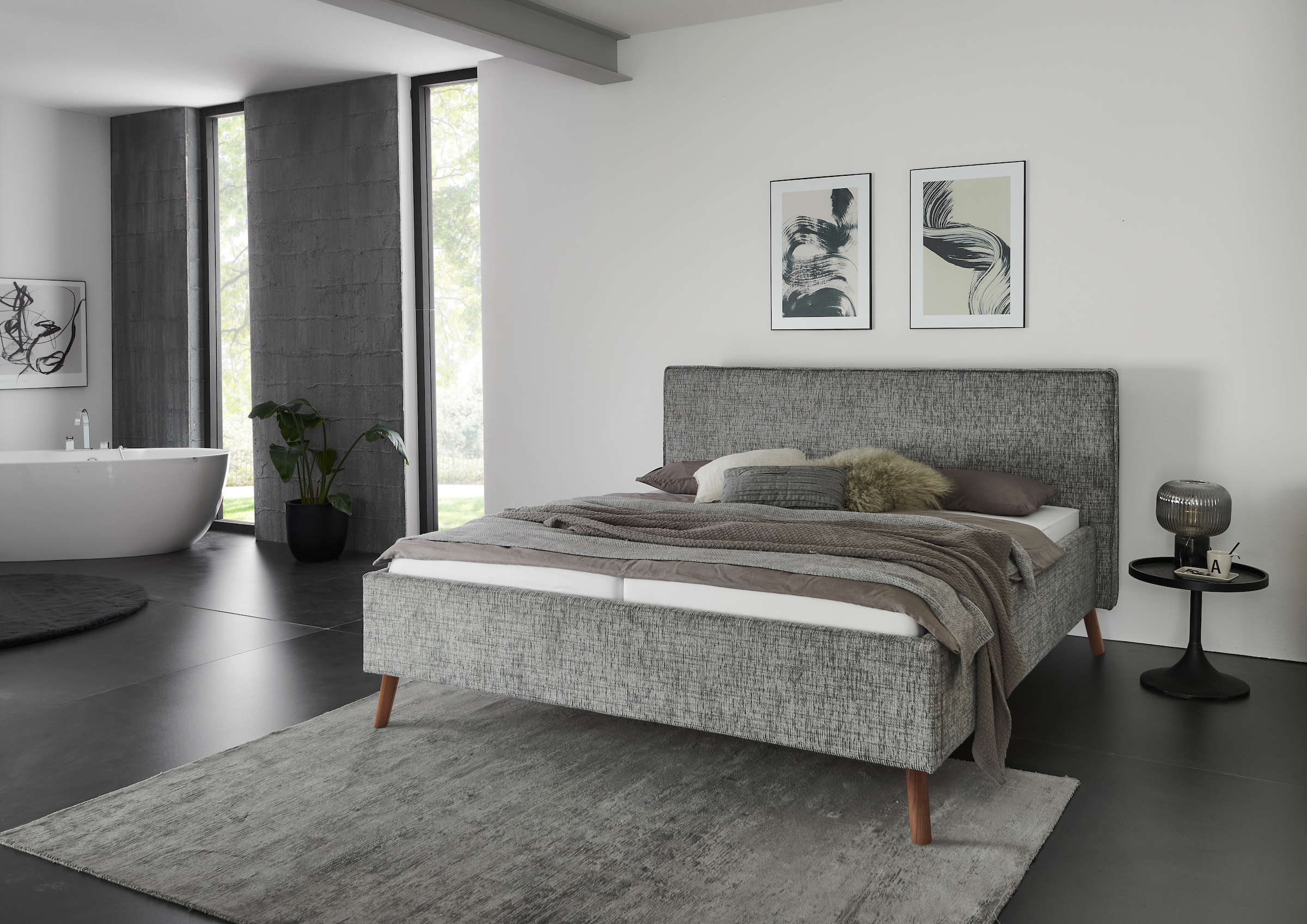 meise.möbel Polsterbett "Riva" mit eichefarbigen Holzfüssen, wahlweise mit Bettkasten und Lattenrost