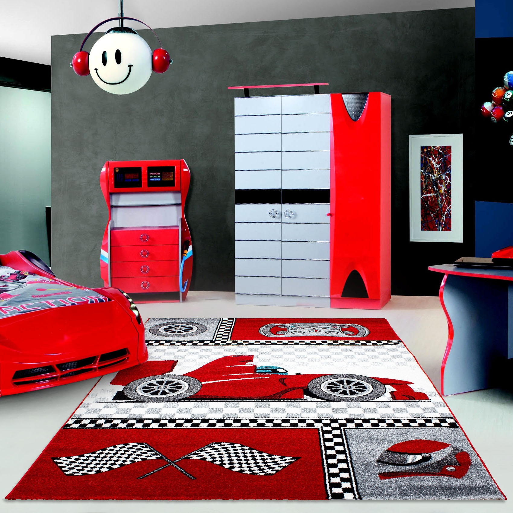 Ayyildiz Teppiche Kinderteppich »Kids 460«, rechteckig, 12 mm Höhe, Kurzflor, Motiv Rennwagen, Auto, Spielteppich