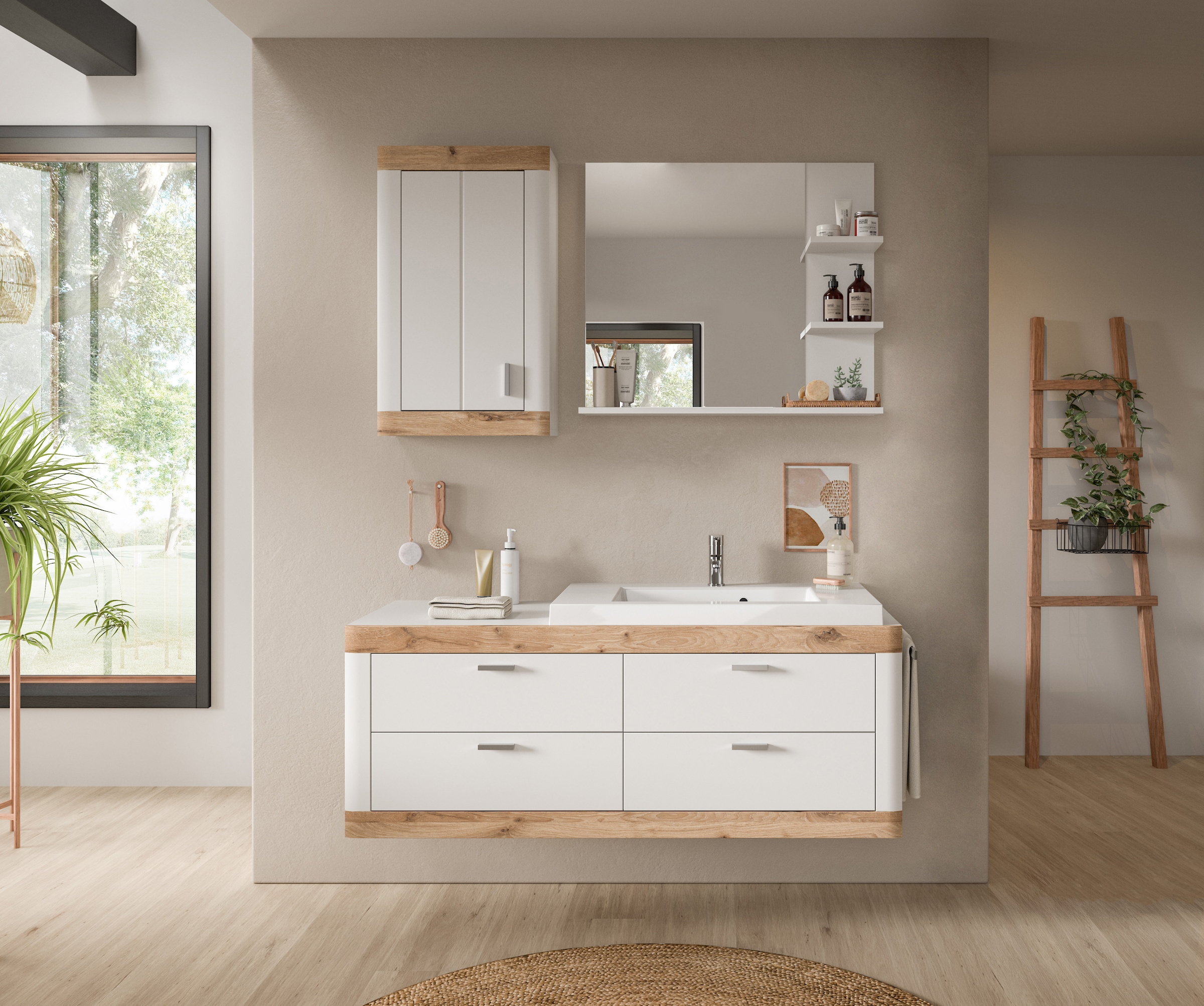 Home affaire Badmöbel-Set »Landsby, 3 teilig, inklusive Mineralguss-Waschbecken, bestehend aus:«, (Set, 3 St.), Waschtisch inkl. Waschbecken, Hängeschrank, Badspiegel
