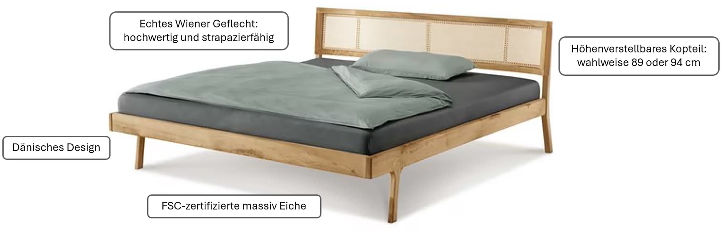 andas Bett »Hällevik Doppelbett, Massivholzbett, hyggeliger Stil«, massive FSC-zertifizierte Eiche geölt, Kopfteil mit Wiener Geflecht