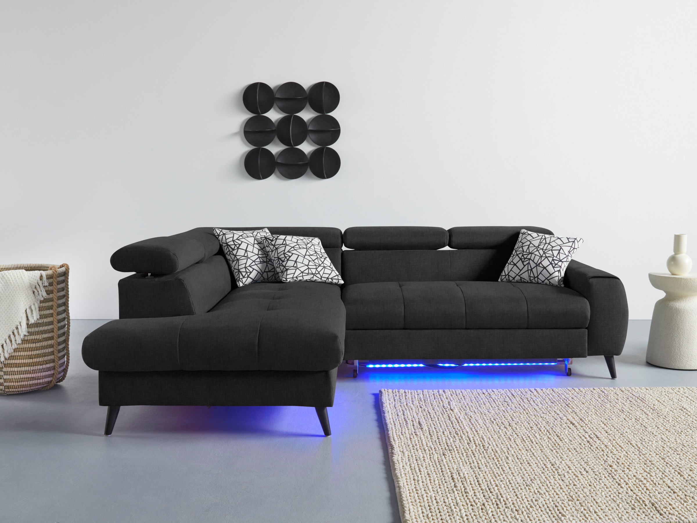 COTTA Ecksofa »Mia L-Form mit 3 Zierkissen«, wahlweise mit Bettfunktion, Bettkasten, Beleuchtung & Wireless-Charger