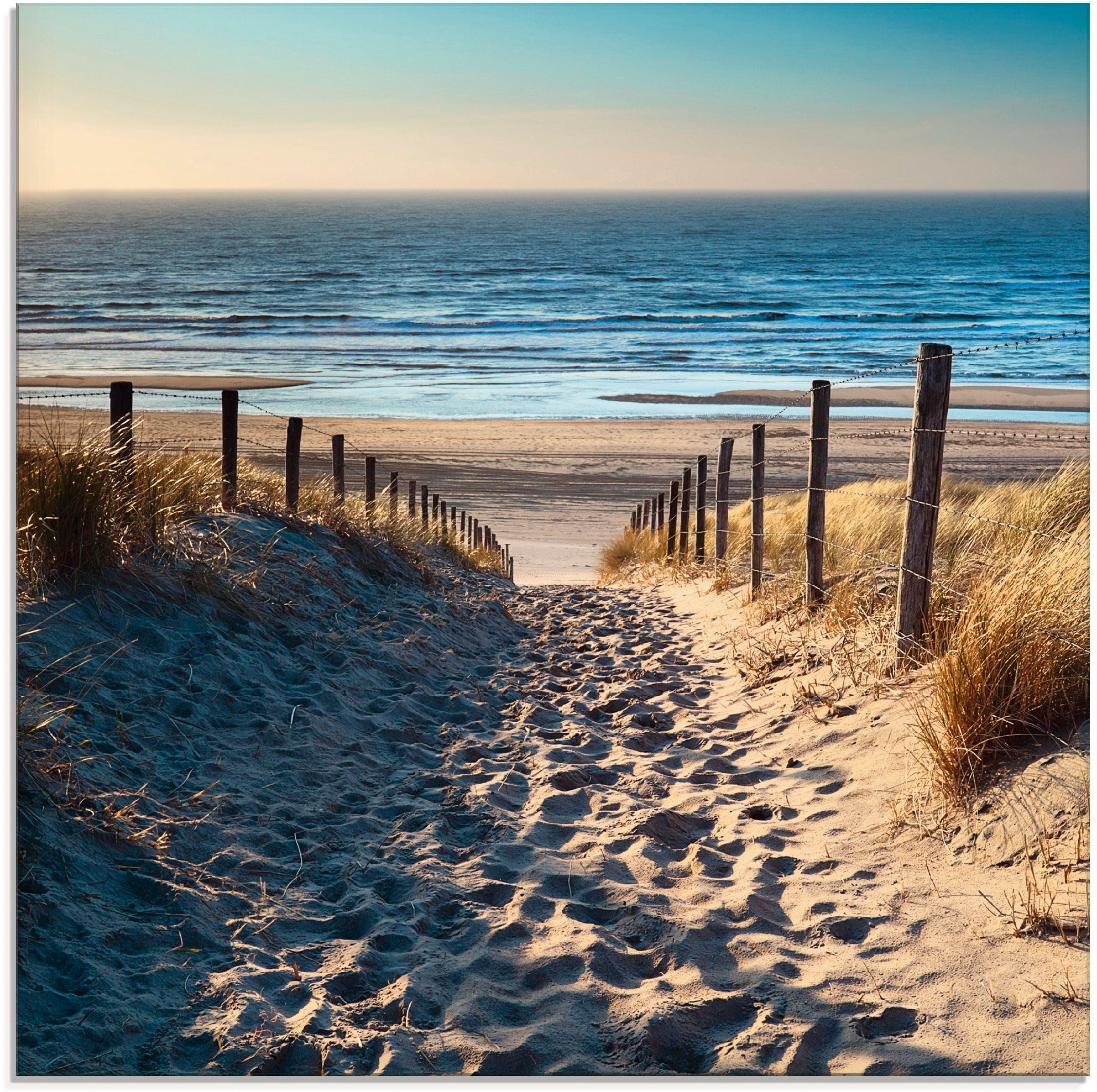 in bestellen Nordseestrand Strand, zum (3 »Weg Sonnenuntergang«, Artland Grössen online verschiedenen Jelmoli-Versand | St.), Glasbild