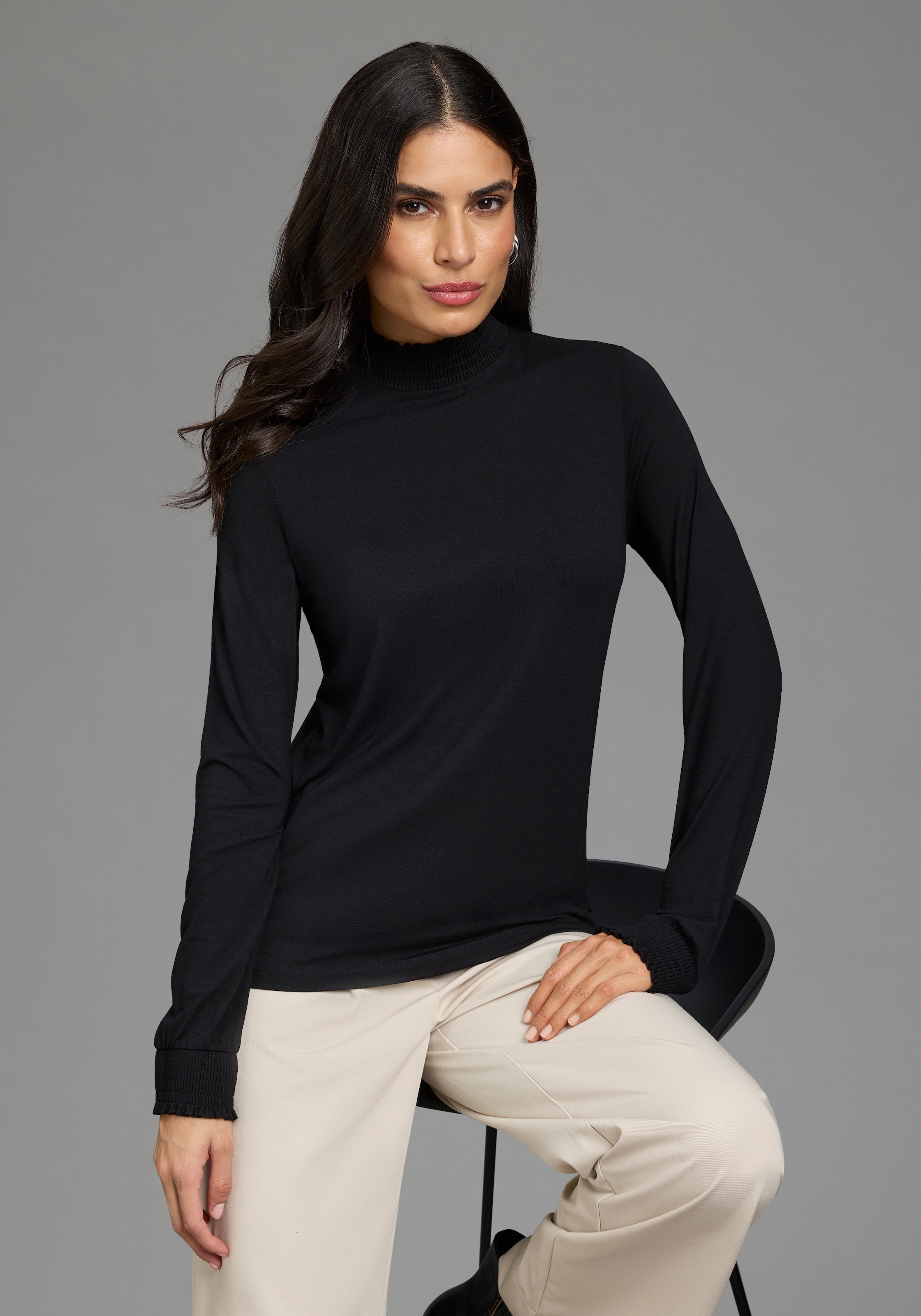 Laura Scott Langarmshirt aus elastischer Viskosemischung, figurumspielende Passform, unifarben