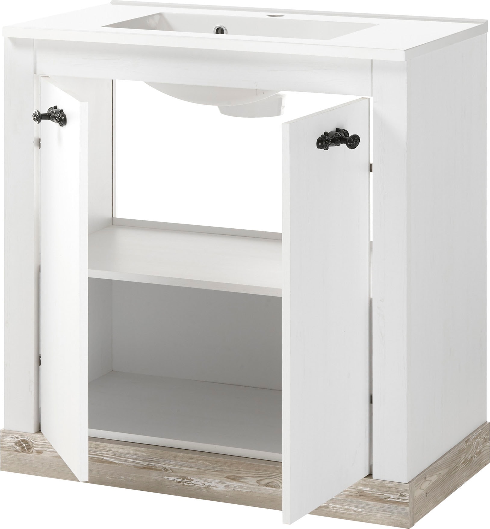 Home affaire Badmöbel-Set »Florenz, Bad im Landhausstil, 4-teiliges Badezimmer«, (4 St.), Waschtisch, Schrank, Wandregal und Spiegel, in Pinie Weiss, Stauraum