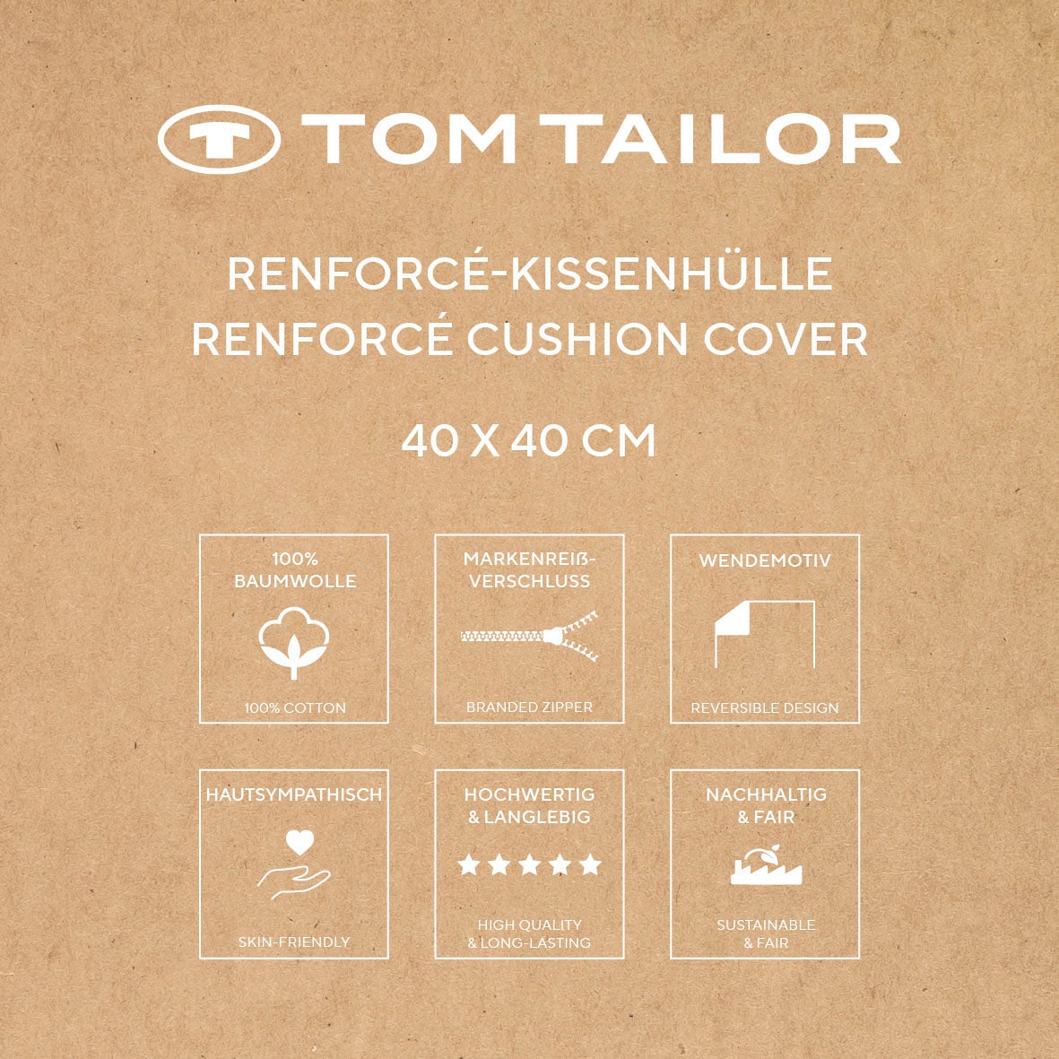 TOM TAILOR HOME Kissenhülle »new bedroom, UNI, 40x40cm oder 40x80cm«, (1 St.), mit farbigem Markenreissverschluss