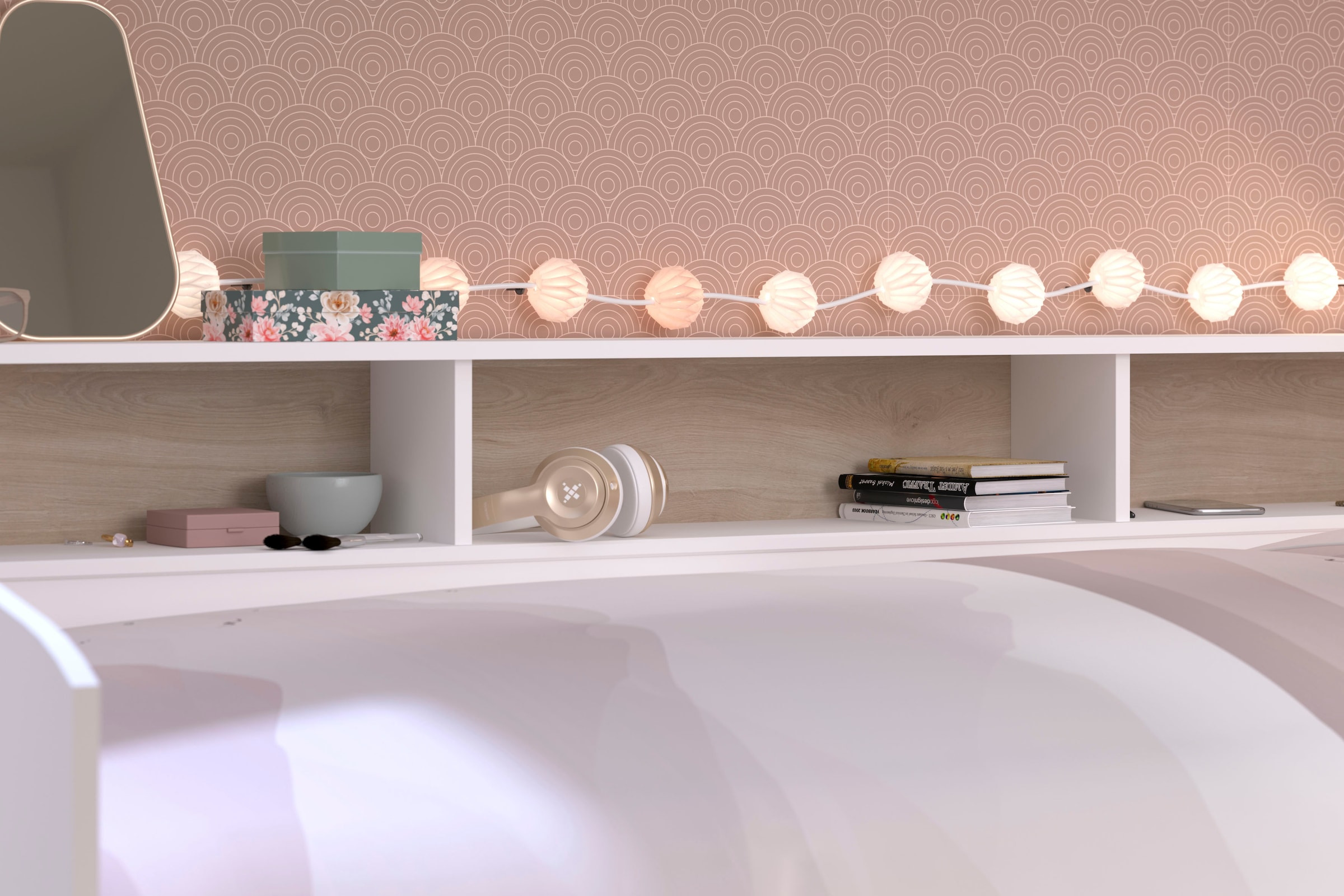 Parisot Stauraumbett »Sleep, Daybed, Kinderbett, Rückwand der Regale drehbar (farbig + weiss)«, inklusive, Regale, Schubkästen, viel Stauraum, TOPSELLLER!
