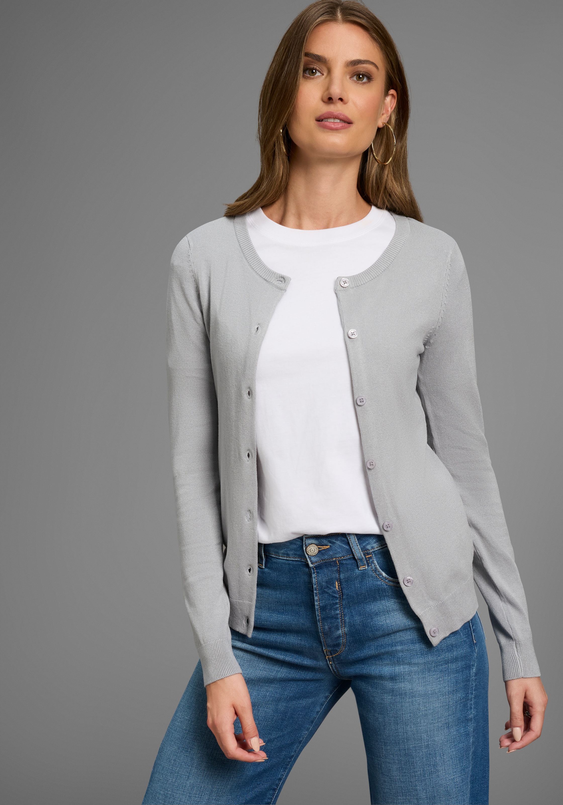 Laura Scott Strickjacke Feinstrick in Basic Fit mit Rundhals und Knopfleiste