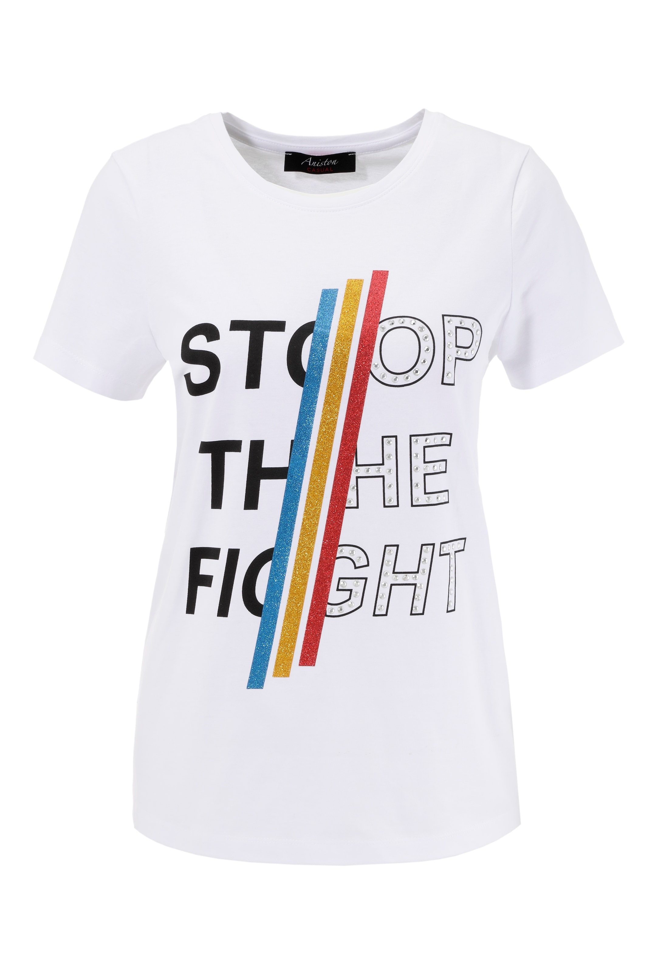 Glitzerstreifen, Aniston und mit Nieten bunten Print-Shirt, bestellen CASUAL | Schriftzug Jelmoli-Versand online