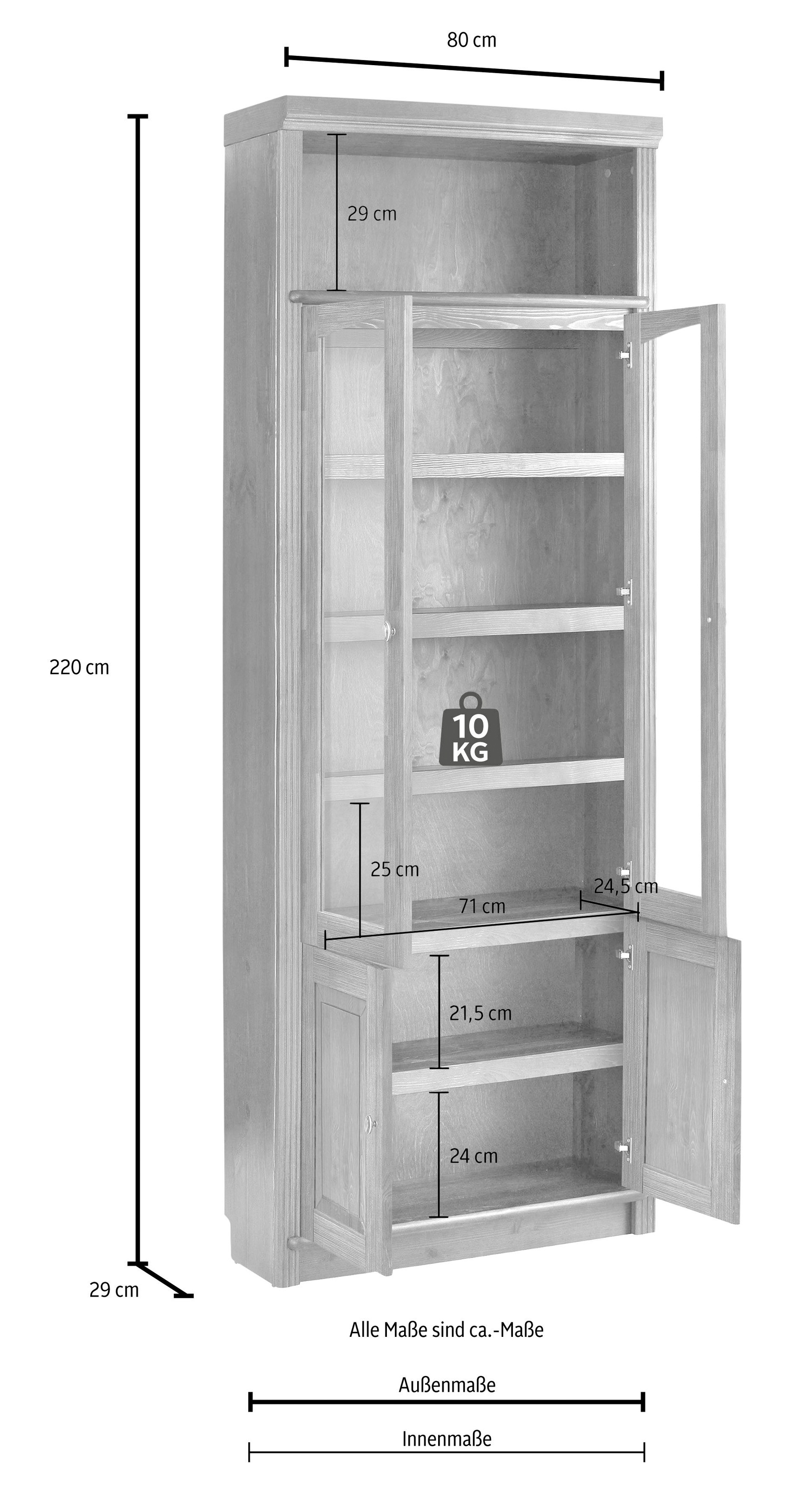 Home affaire Bücherregal »Soeren Vitrine mit 2 Glastüren, Breite/Tiefe: 80/220 cm«, Kiefer massiv, Tiefe 29 cm, 2 Holz- und 2 Türen mit Klarglas- Einsatz