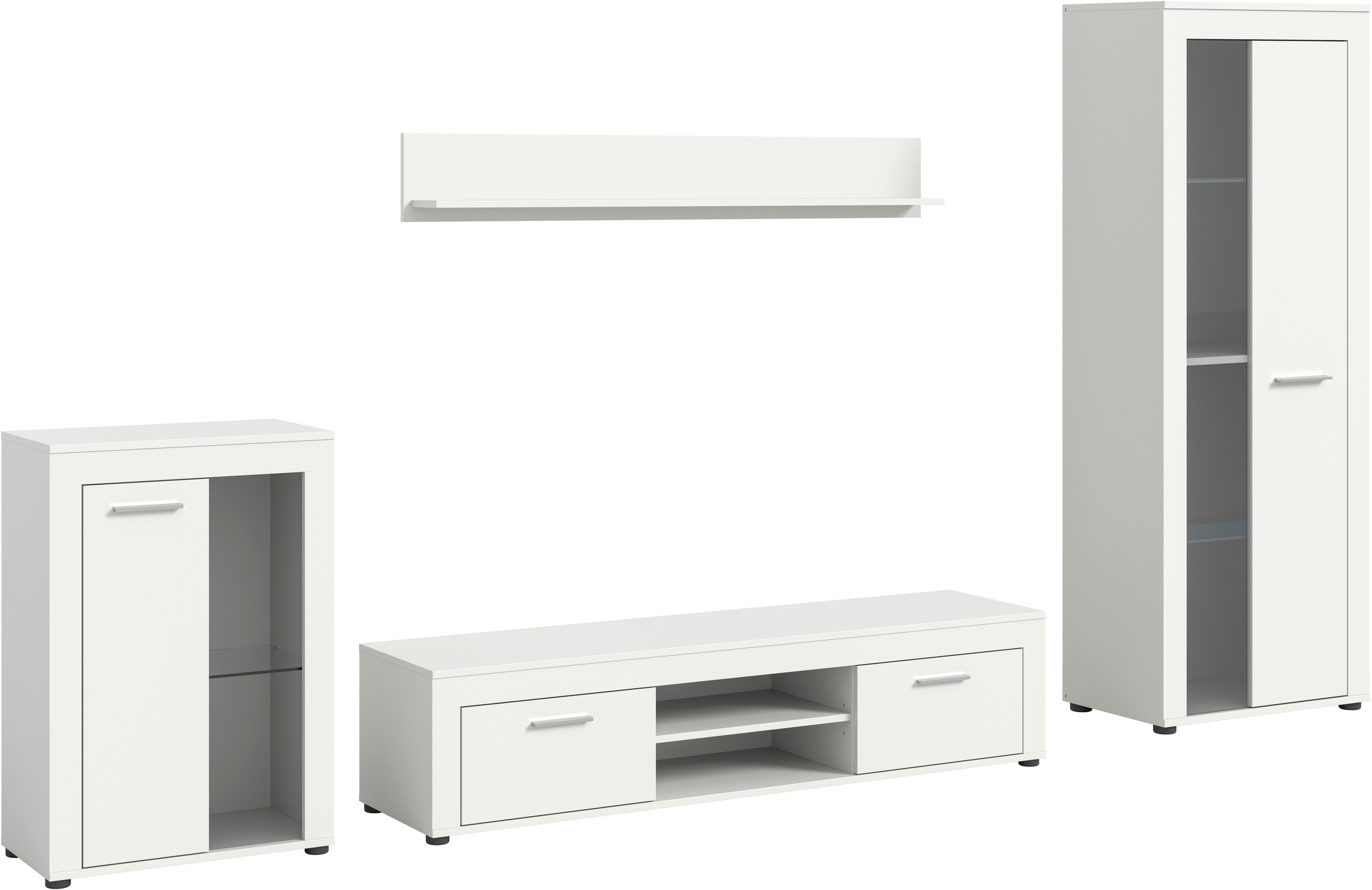 INOSIGN Wohnwand »Aosta, 4-tlg., best. aus: Vitrine, Lowboard, Wandboard & Vitrine hoch«, (4 St.), Wohnwand, Kombination, Anbauwand, Möbel Set, Schrankwand, Möbel Kombi