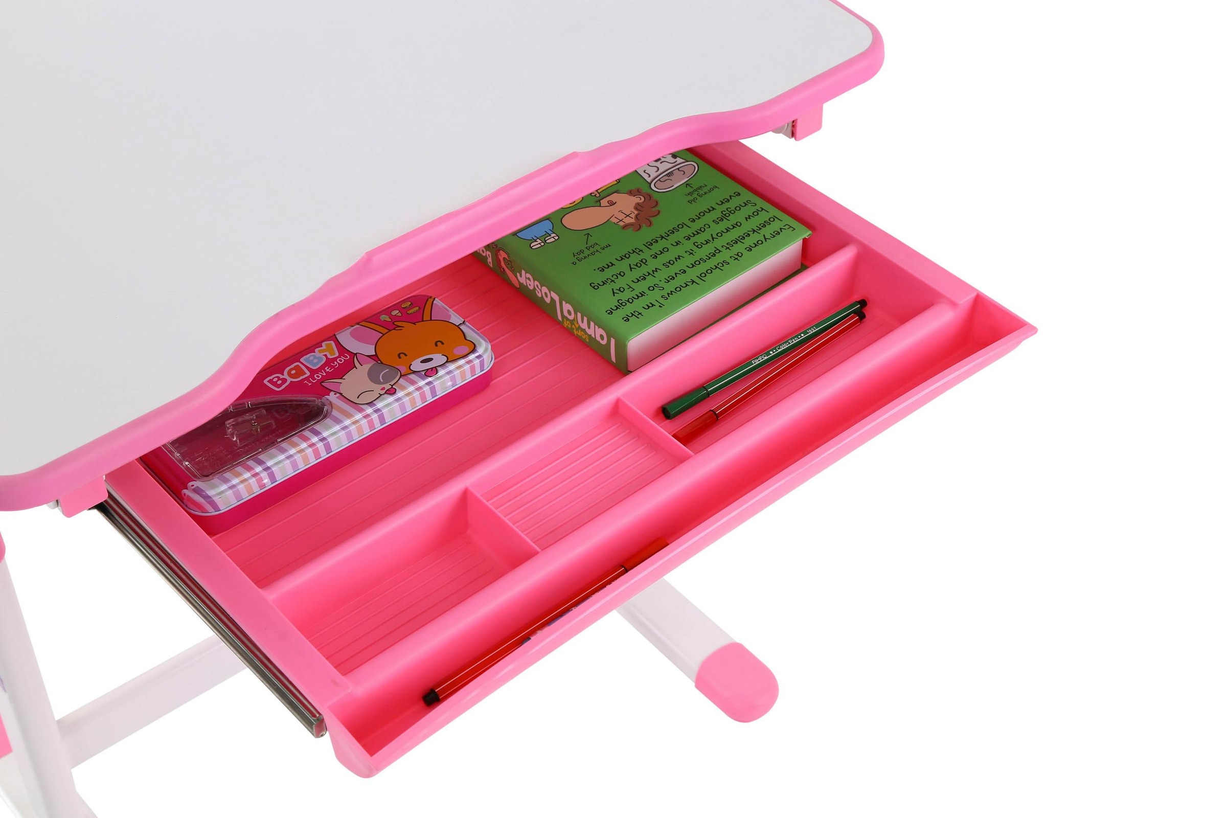 Vipack Kinderschreibtisch »Comfortline, mit Höhenverstellung inkl. Taschen- u. Becherhalter«, (Set, B/H/T ca. 70x54-76x47,4cm, verschiedene Farben, mit Griffelschublade), inkl. Stuhl und verstellbarer Schreibplatte, praktische Funktionen