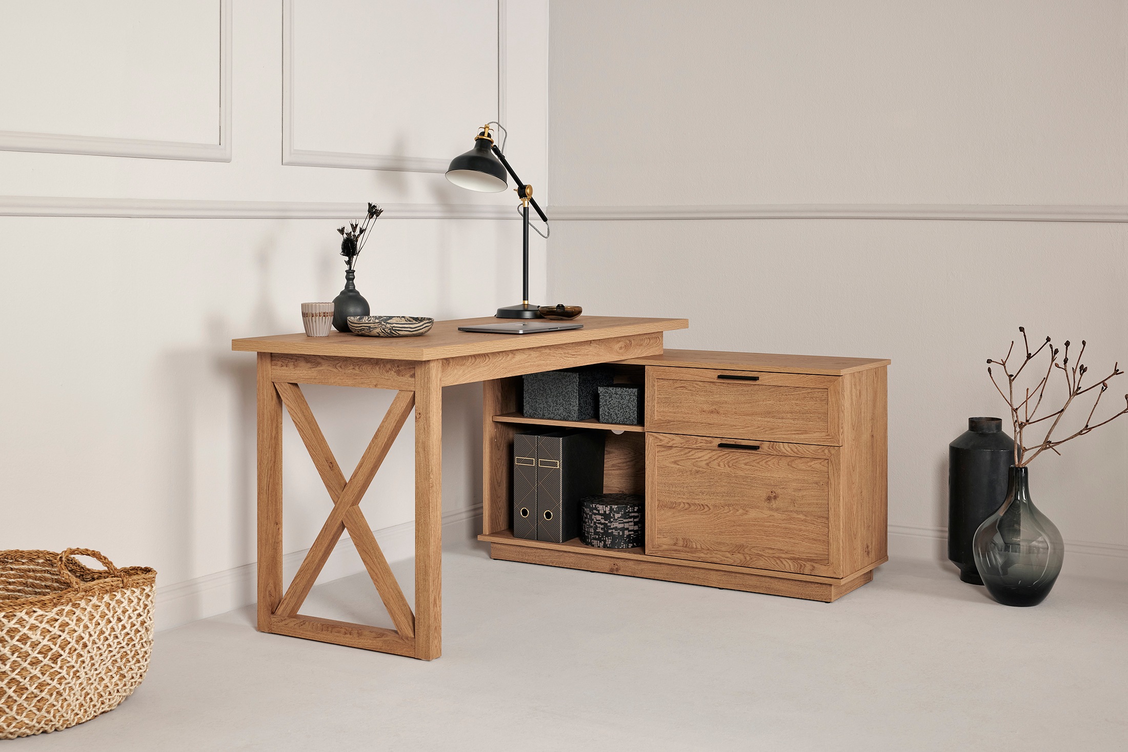 Jahnke Eckschreibtisch "CHALET D 155 E" 1 Stk. tlg. im Landhausstil, wechselseitig montierbar